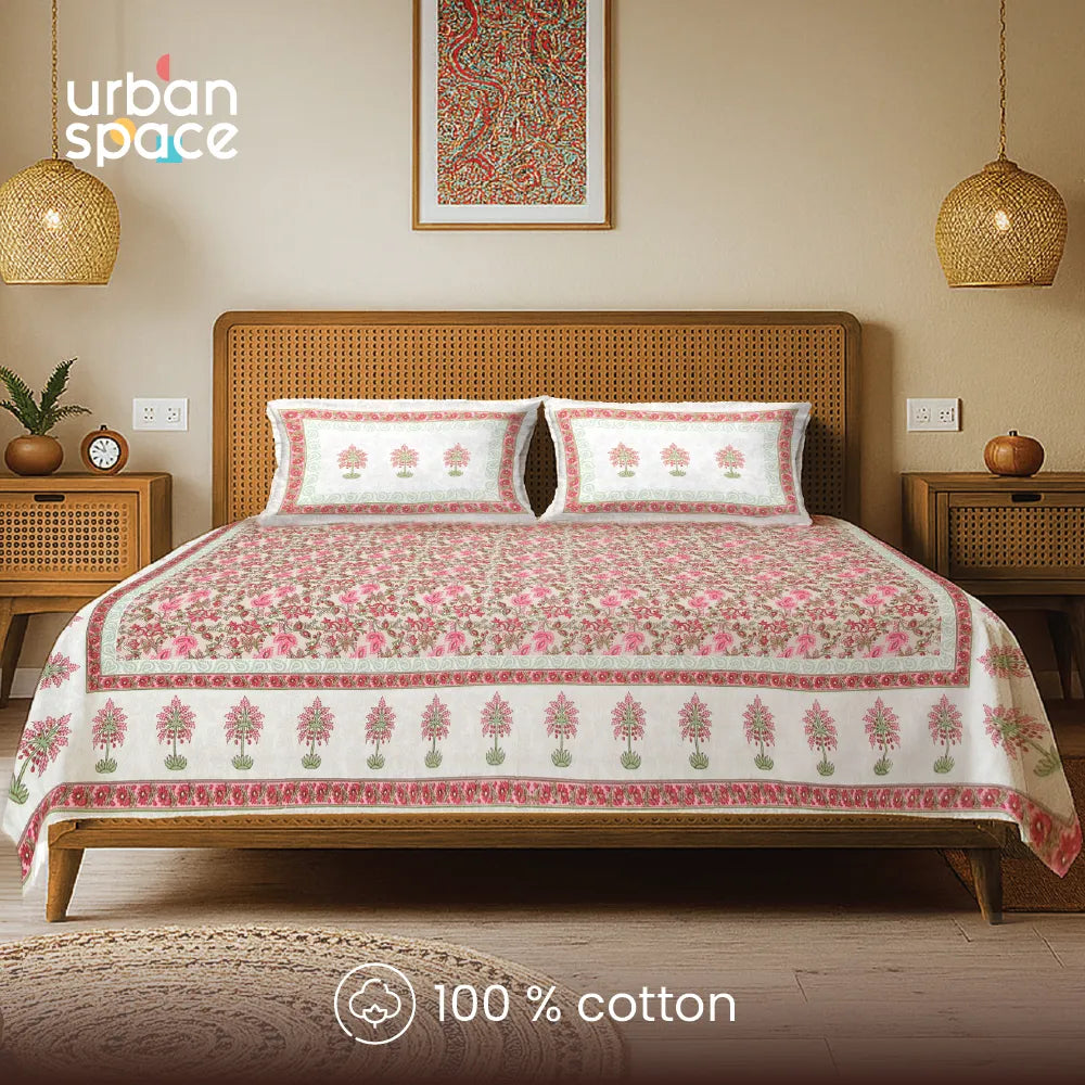Rajasthani Ethnic 100% Cotton Bedsheet with 2 Pillow Covers, Double & King Bed - Noor Mahal Pink