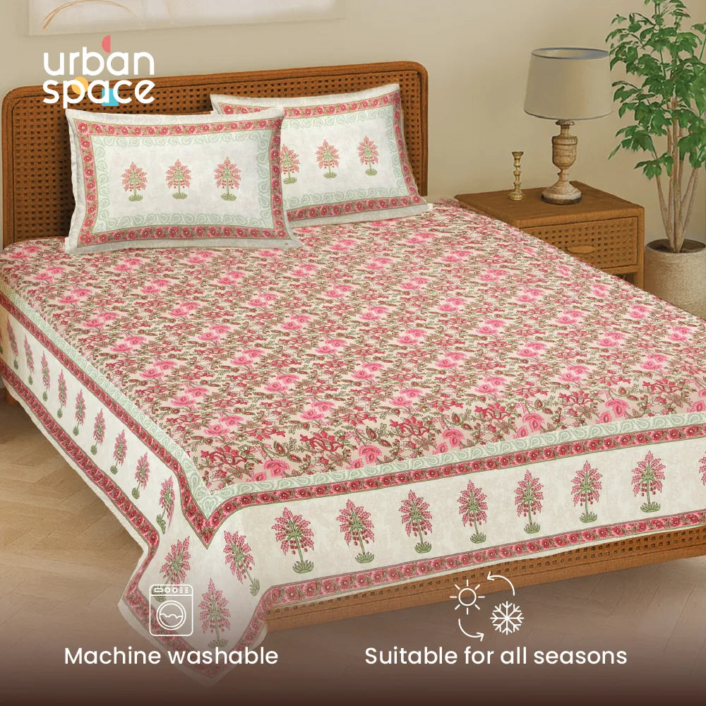 Rajasthani Ethnic 100% Cotton Bedsheet with 2 Pillow Covers, Double & King Bed - Noor Mahal Pink