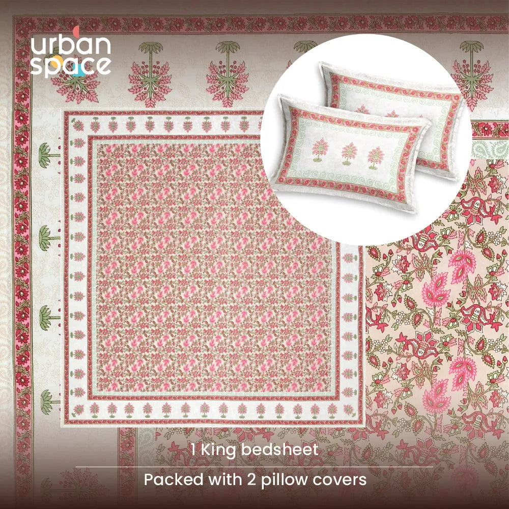 Rajasthani Ethnic 100% Cotton Bedsheet with 2 Pillow Covers, Double & King Bed - Noor Mahal Pink