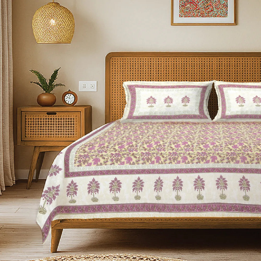 Rajasthani Ethnic 100% Cotton Bedsheet with 2 Pillow Covers, Double & King Bed - Noor Mahal Yellow