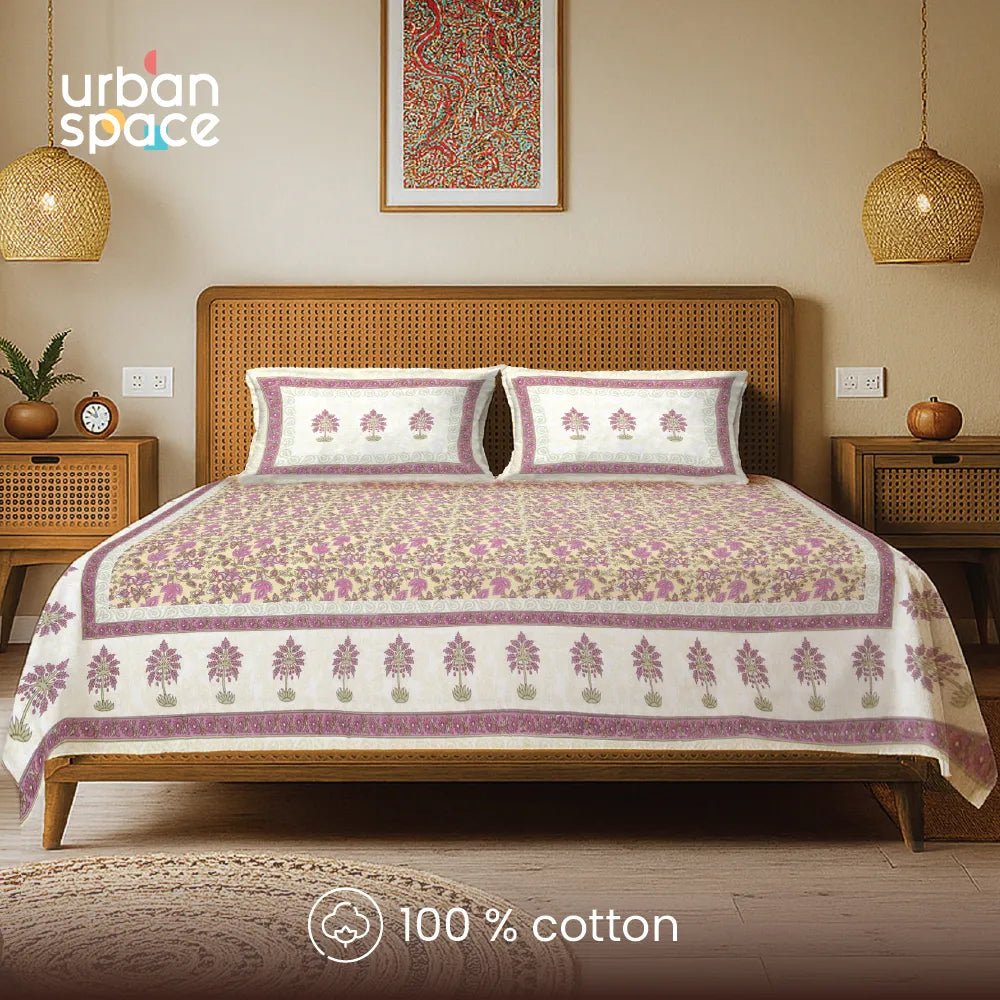 Rajasthani Ethnic 100% Cotton Bedsheet with 2 Pillow Covers, Double & King Bed - Noor Mahal Yellow