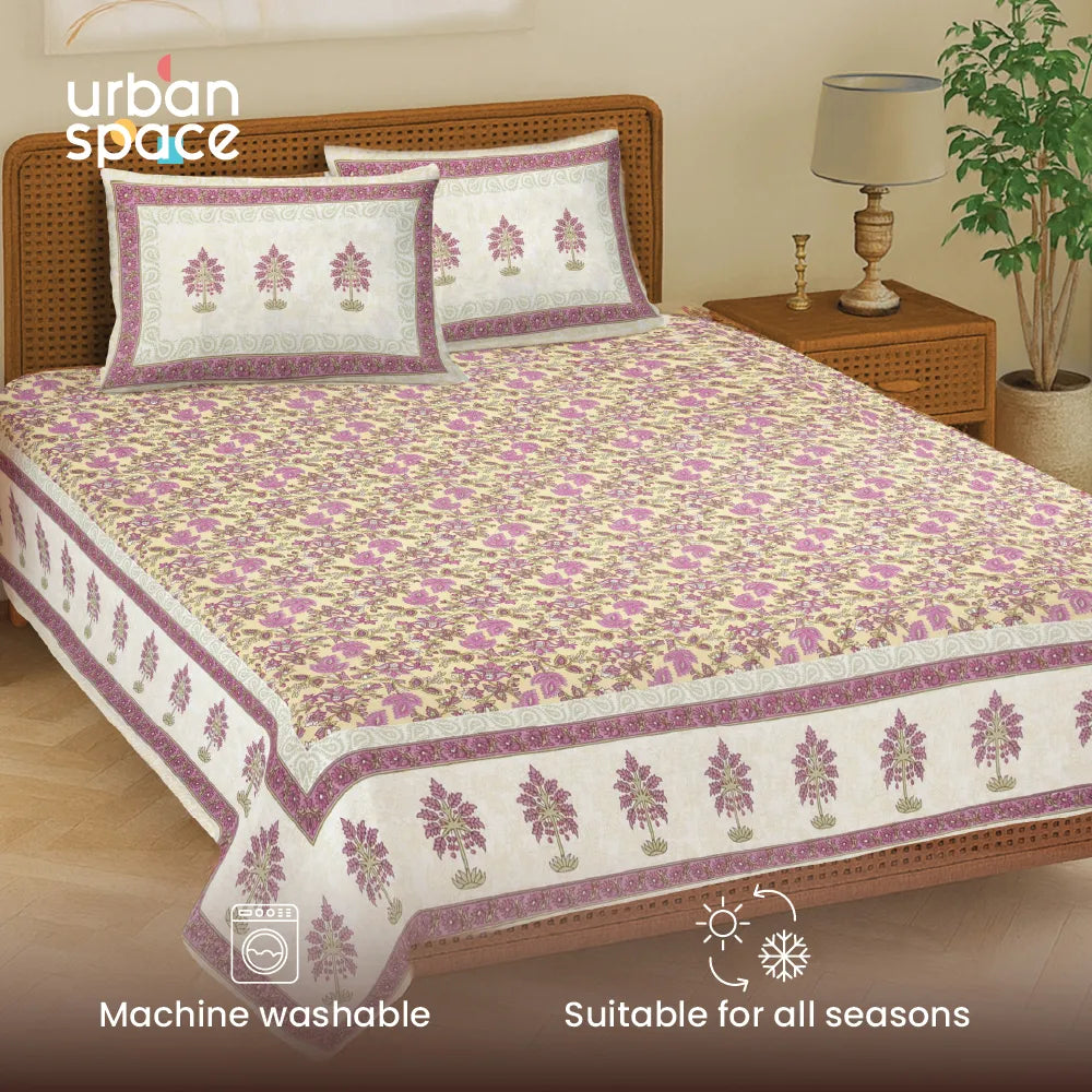 Rajasthani Ethnic 100% Cotton Bedsheet with 2 Pillow Covers, Double & King Bed - Noor Mahal Yellow