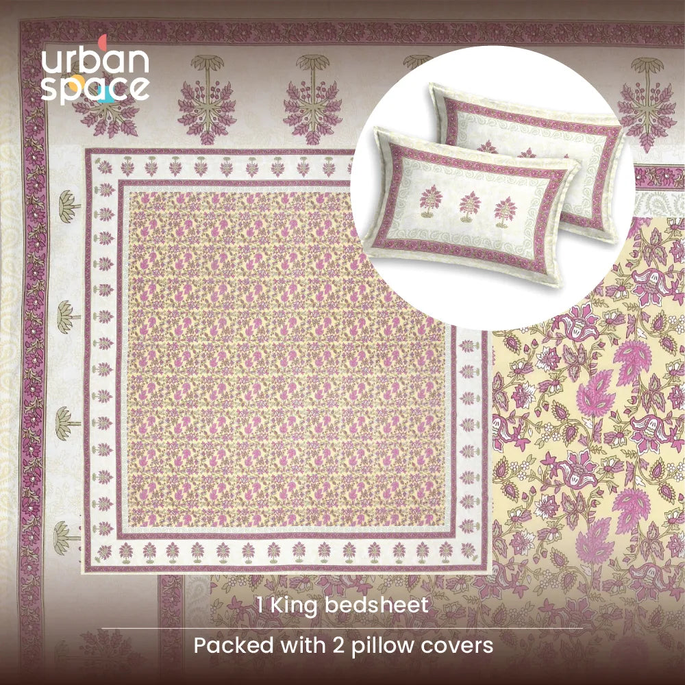 Rajasthani Ethnic 100% Cotton Bedsheet with 2 Pillow Covers, Double & King Bed - Noor Mahal Yellow