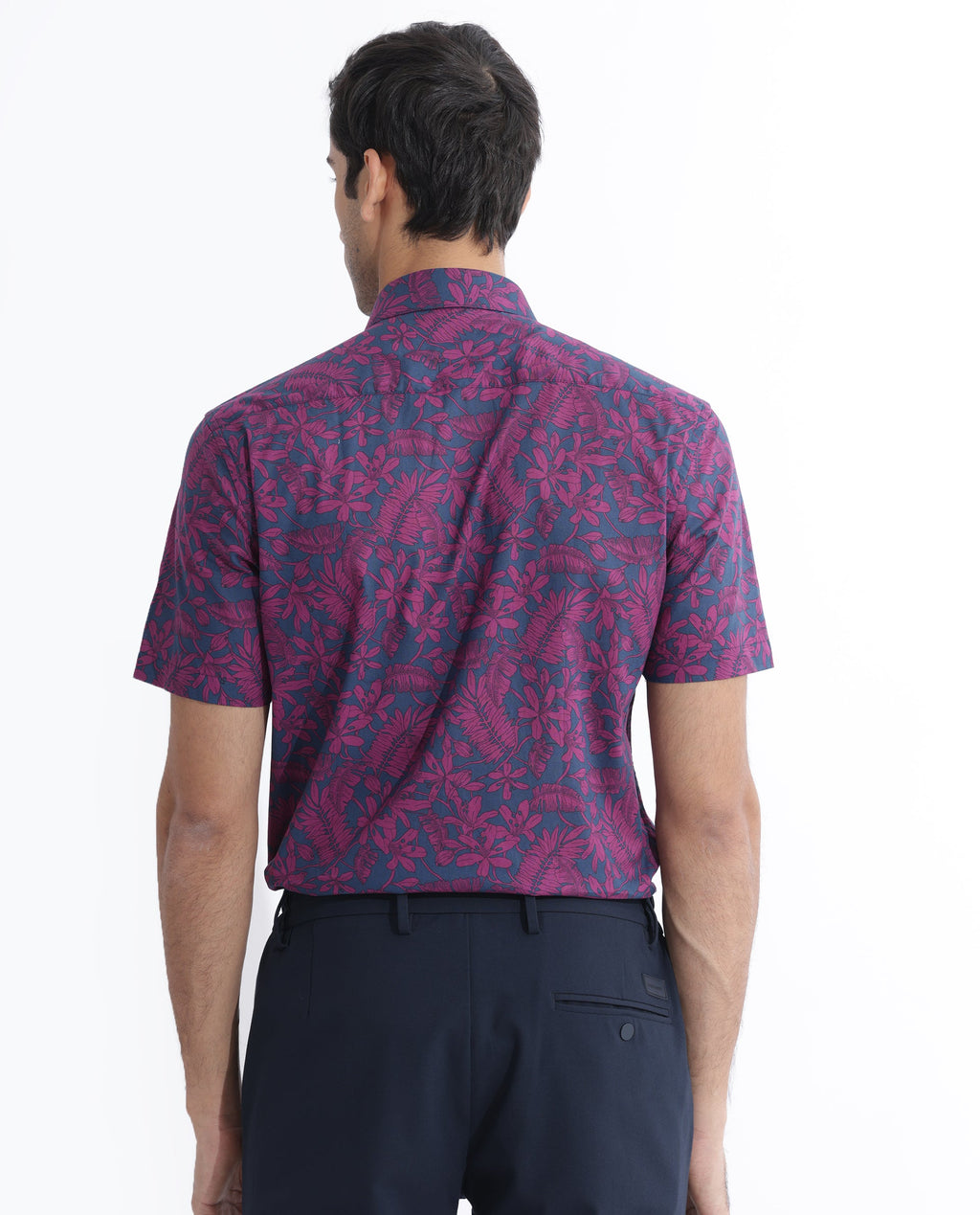 Rare Rabbit Men's Olars Navy Cotton Floral Print Regular Fit Half Sleeve Collared Shirt