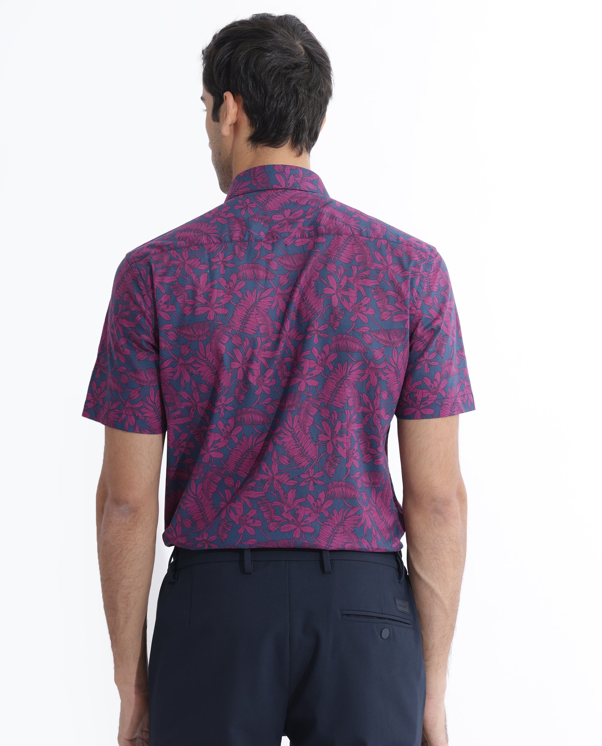Rare Rabbit Men's Olars Navy Cotton Floral Print Regular Fit Half Sleeve Collared Shirt