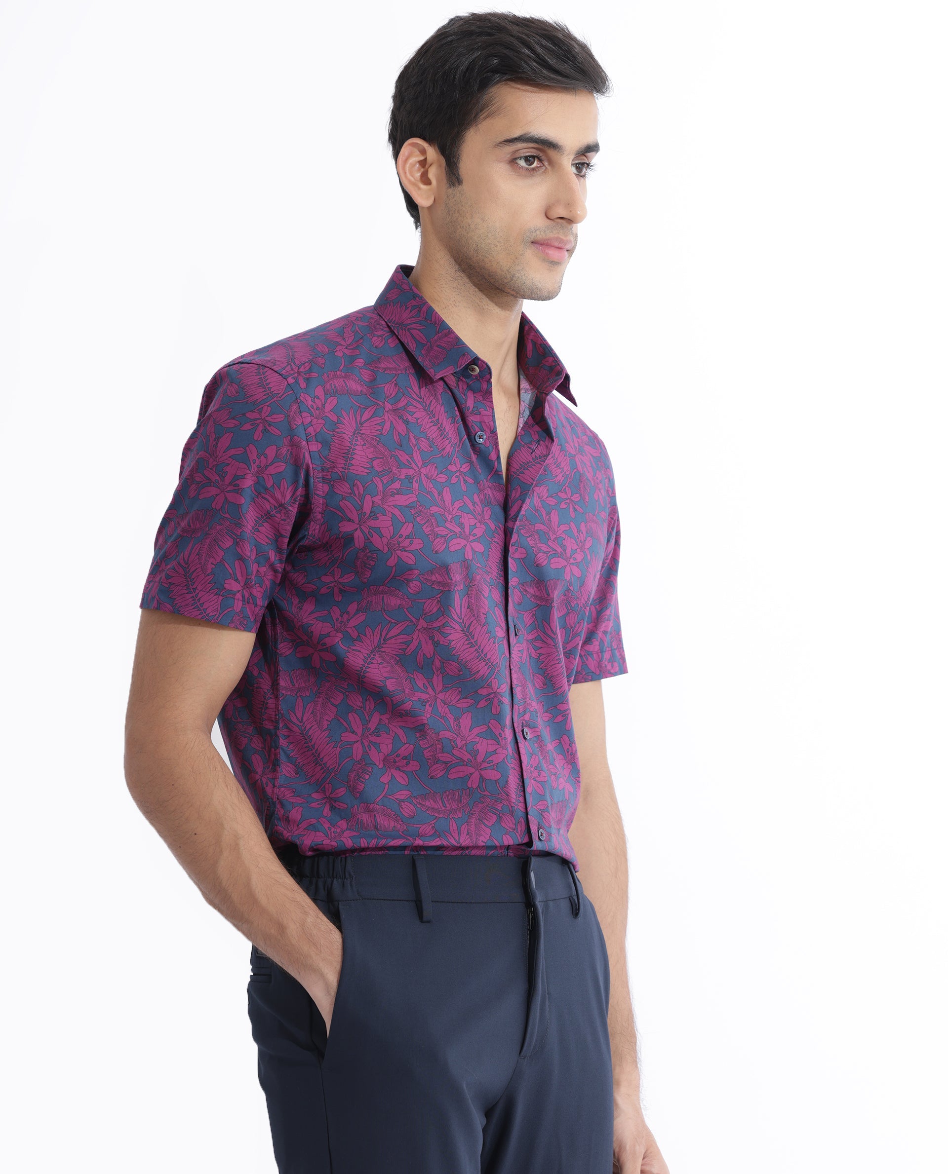 Rare Rabbit Men's Olars Navy Cotton Floral Print Regular Fit Half Sleeve Collared Shirt