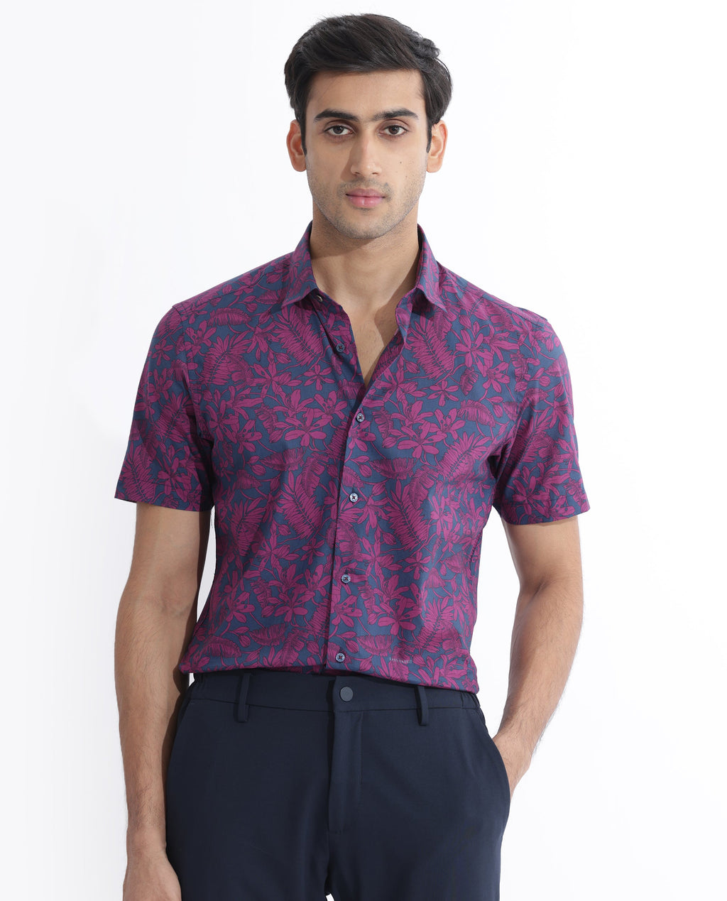 Rare Rabbit Men's Olars Navy Cotton Floral Print Regular Fit Half Sleeve Collared Shirt