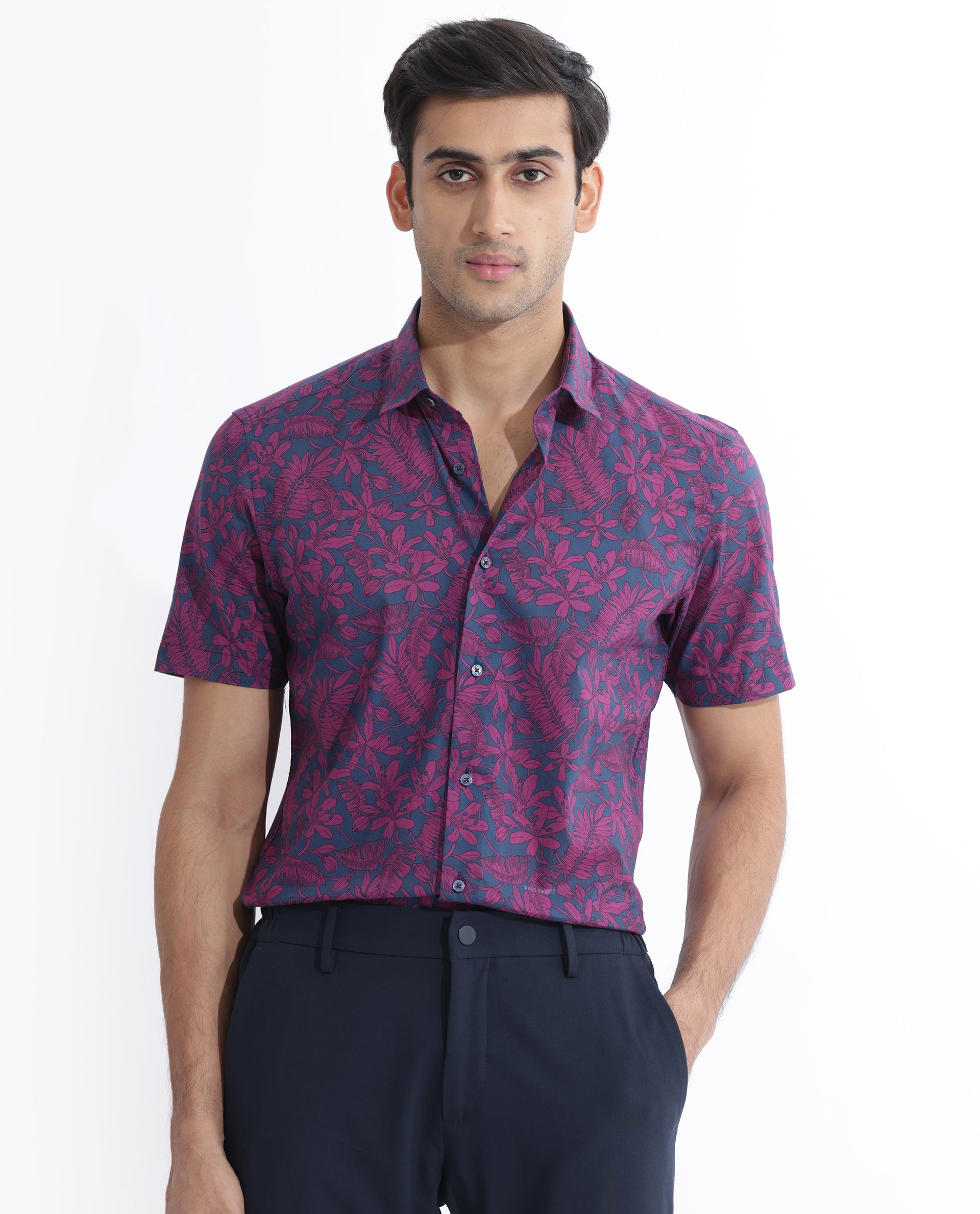 Rare Rabbit Men's Olars Navy Cotton Floral Print Regular Fit Half Sleeve Collared Shirt