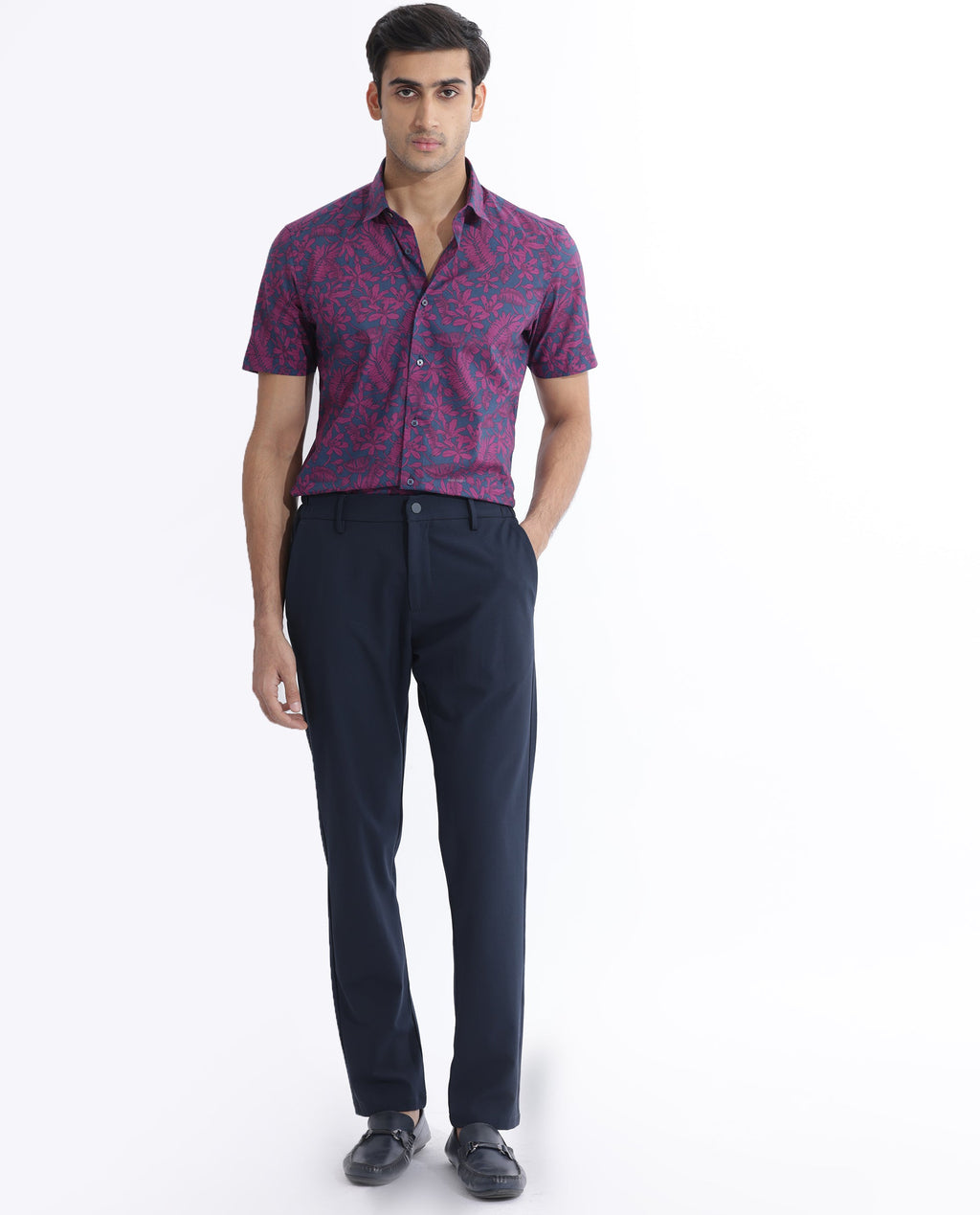 Rare Rabbit Men's Olars Navy Cotton Floral Print Regular Fit Half Sleeve Collared Shirt