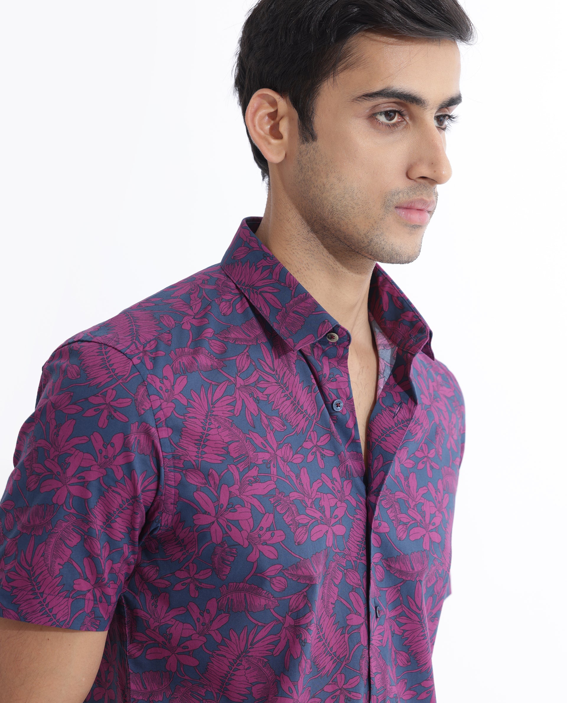 Rare Rabbit Men's Olars Navy Cotton Floral Print Regular Fit Half Sleeve Collared Shirt