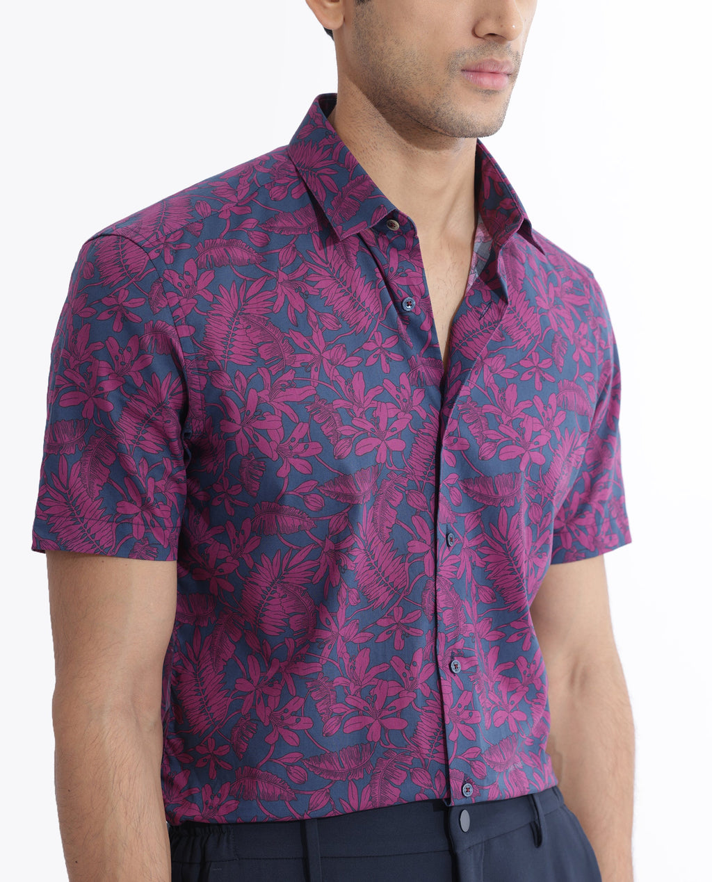 Rare Rabbit Men's Olars Navy Cotton Floral Print Regular Fit Half Sleeve Collared Shirt