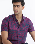 Rare Rabbit Men's Olars Navy Cotton Floral Print Regular Fit Half Sleeve Collared Shirt