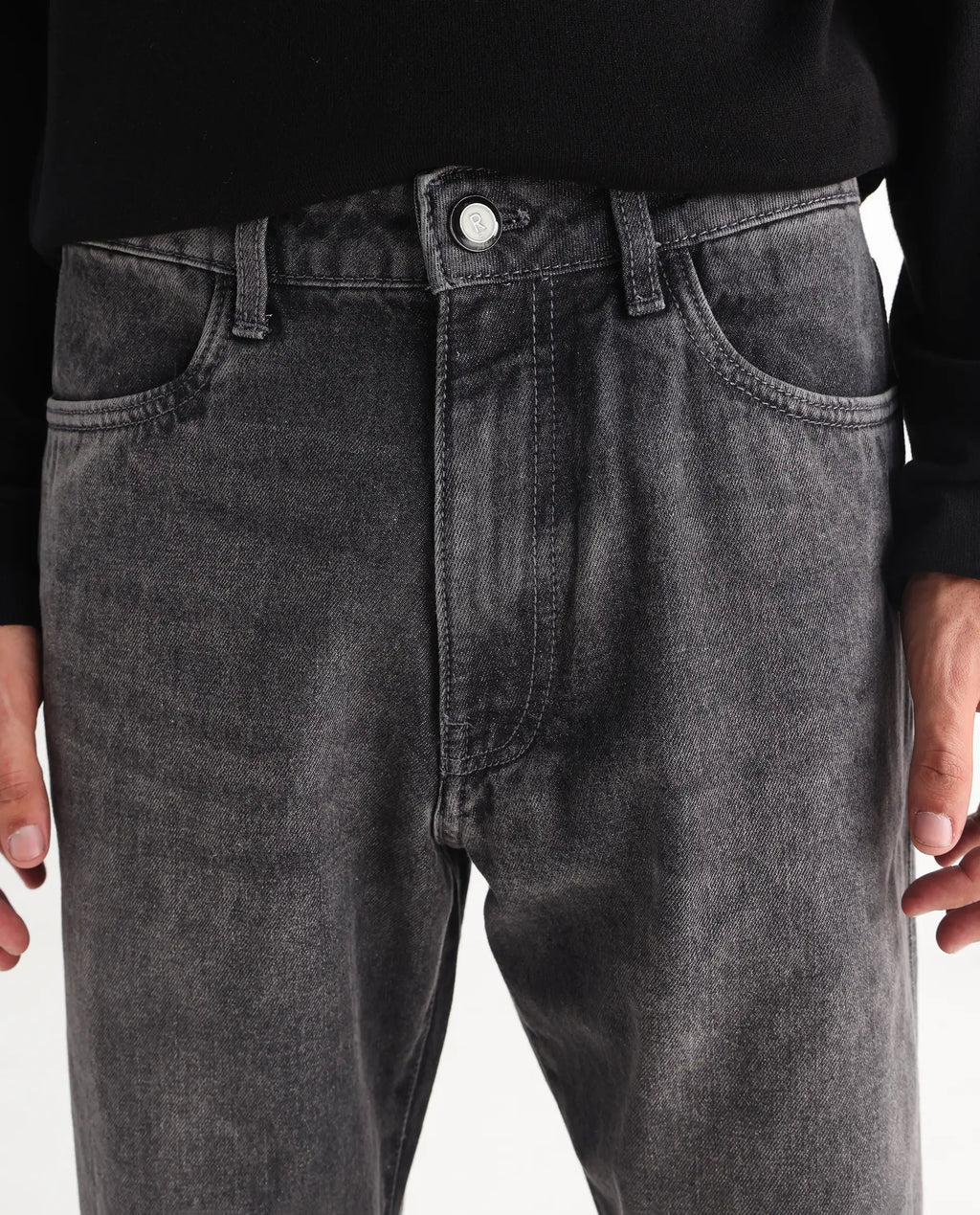 Rare Rabbit Men's Oleg Dark Grey Cotton Plain Morris Regular Fit Jeans