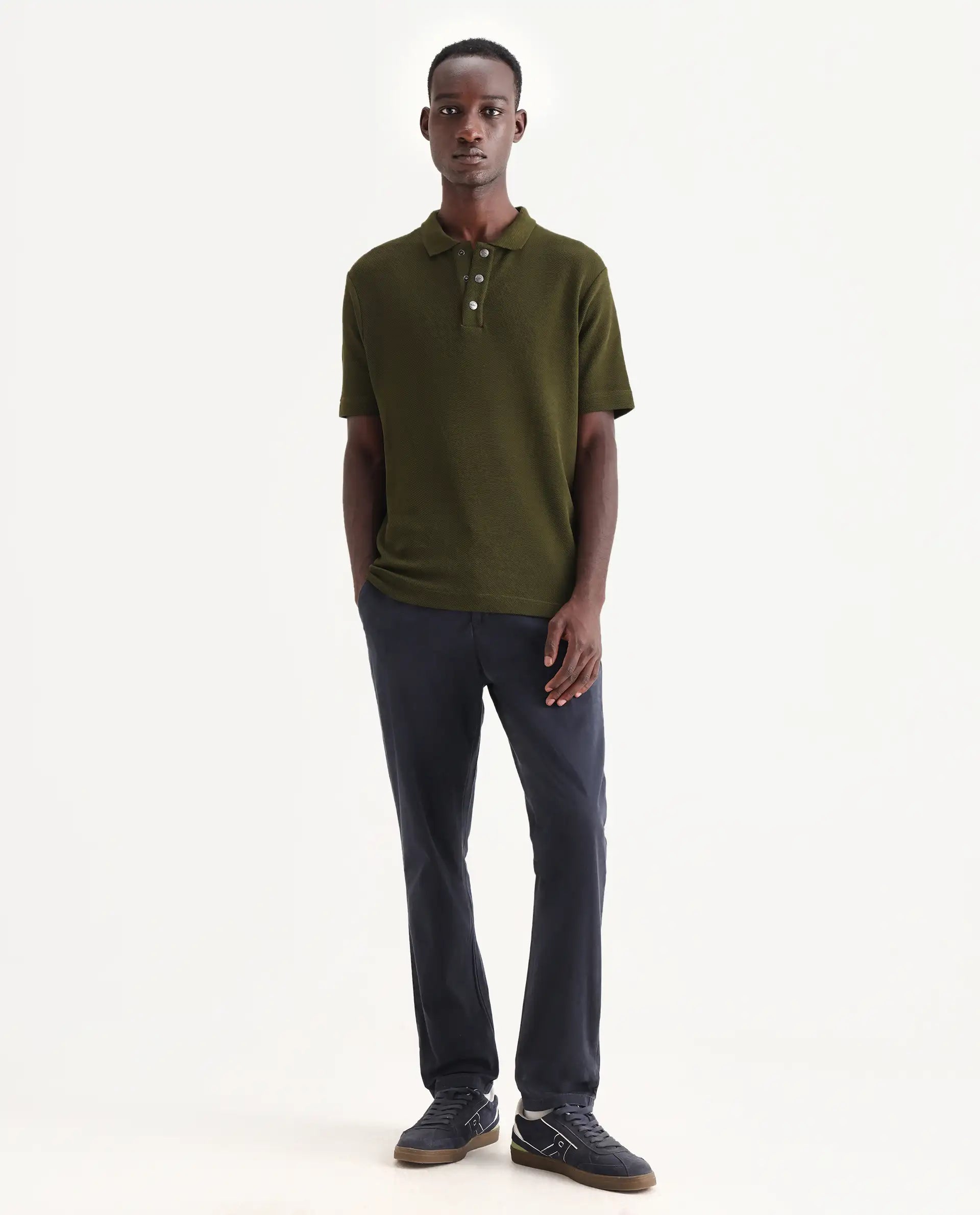 Rare Rabbit Men's Orany Navy Cotton Plain Regular Fit Trouser