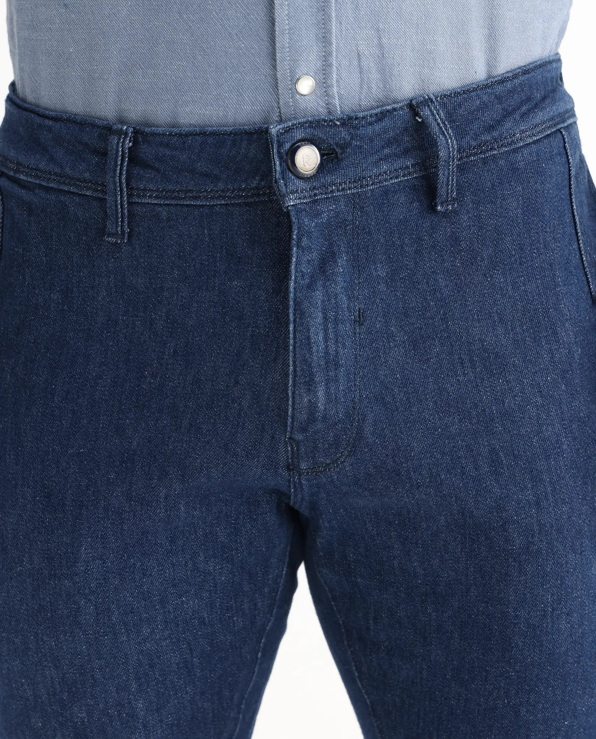 Rare Rabbit Men's Osmar Blue Cotton Plain Hawk Slim Fit Jeans