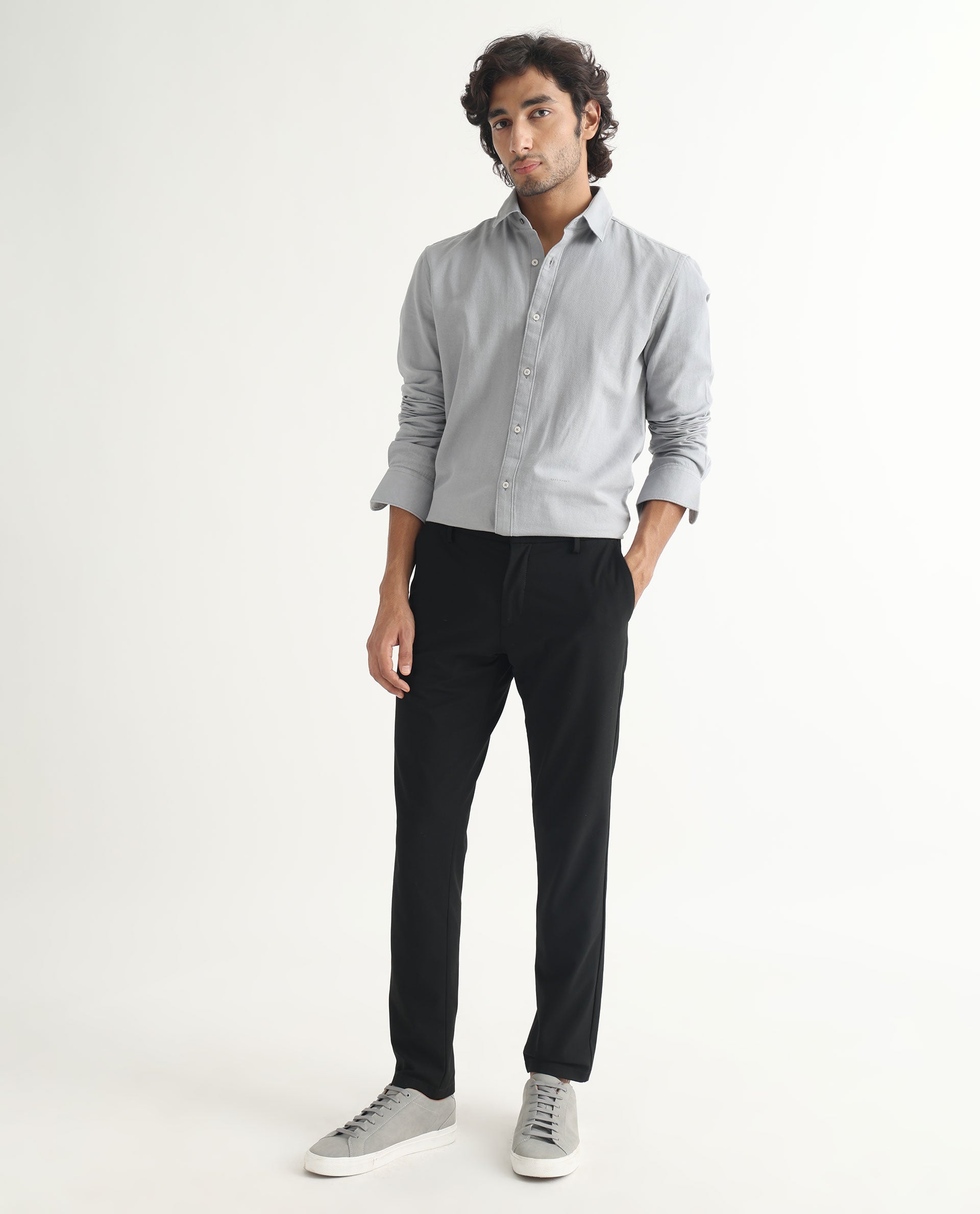 Rare Rabbit Men's Otago Grey Cotton Plain Regular Fit Full Sleeve Collared Shirt