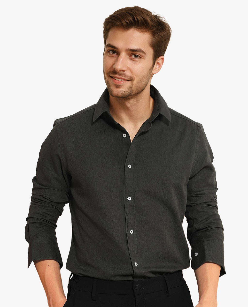 Rare Rabbit Men's Otago Olive Cotton Plain Regular Fit Full Sleeve Collared Shirt