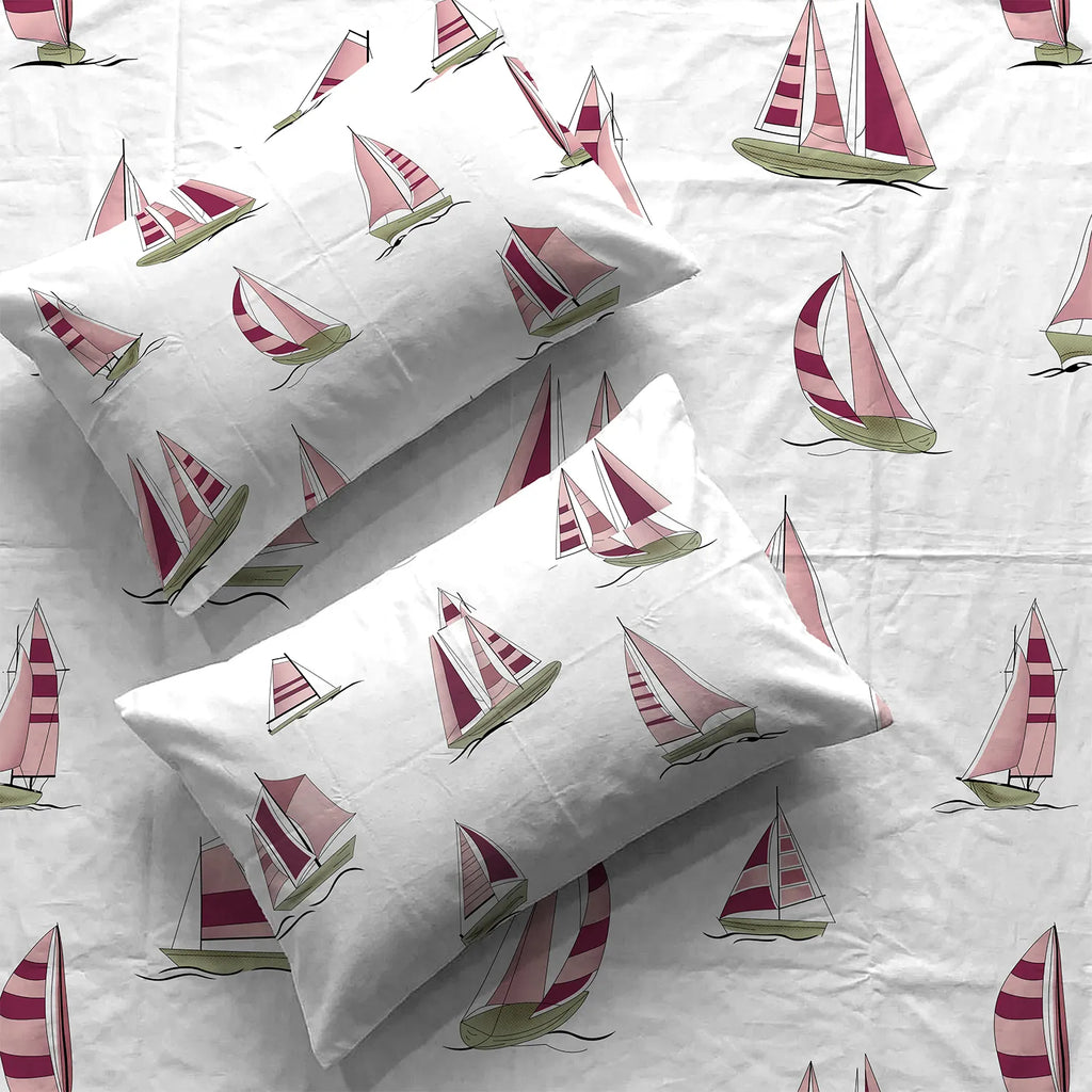 Divine Collection - Cotton Bedsheet With 2 Pillow Covers, Ocean Boats Maroon