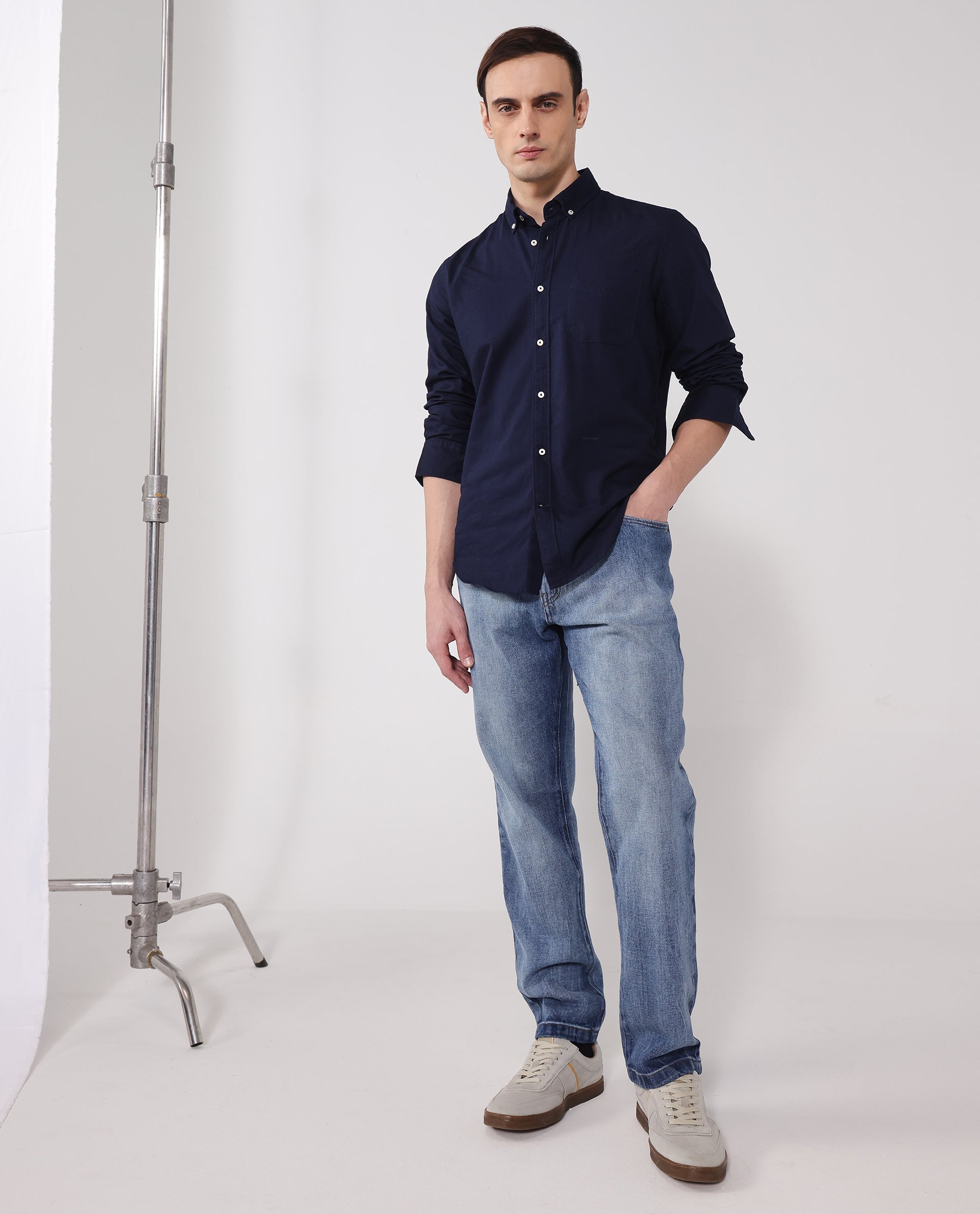 Rare Rabbit Men's Auxfo Navy Cotton Plain Regular Fit Full Sleeve Button-Down Collar Shirt