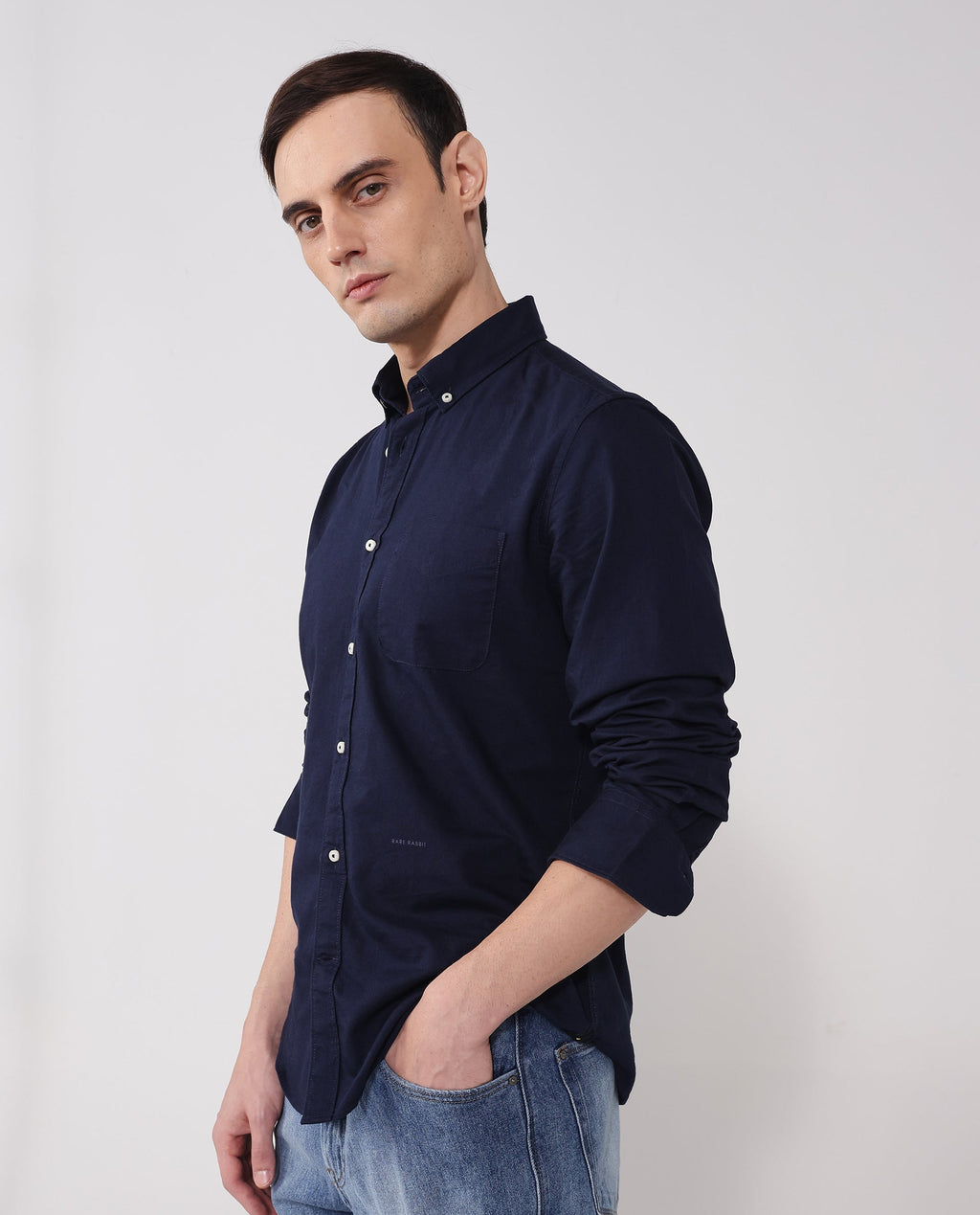 Rare Rabbit Men's Auxfo Navy Cotton Plain Regular Fit Full Sleeve Button-Down Collar Shirt