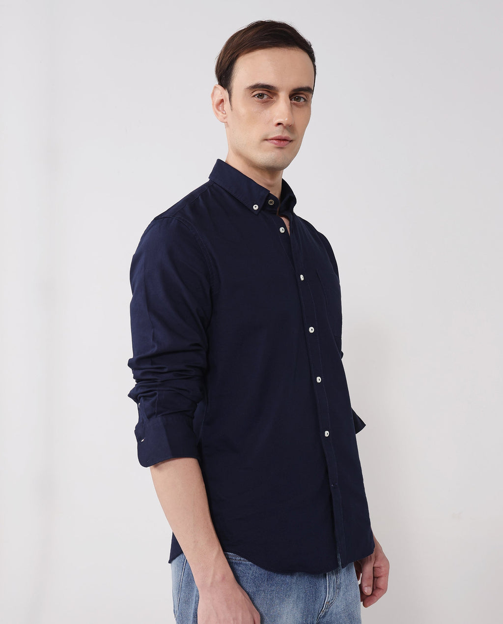 Rare Rabbit Men's Auxfo Navy Cotton Plain Regular Fit Full Sleeve Button-Down Collar Shirt
