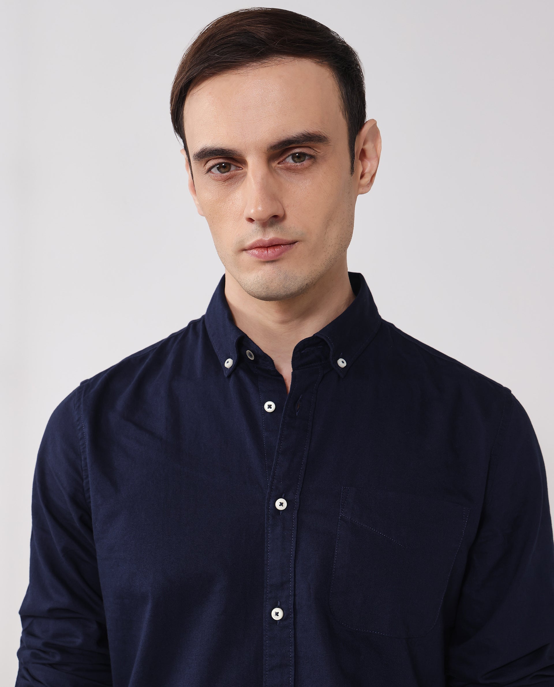 Rare Rabbit Men's Auxfo Navy Cotton Plain Regular Fit Full Sleeve Button-Down Collar Shirt