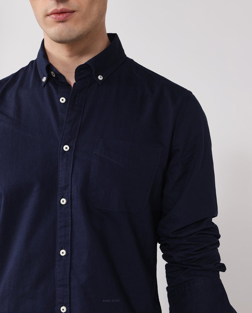 Rare Rabbit Men's Auxfo Navy Cotton Plain Regular Fit Full Sleeve Button-Down Collar Shirt