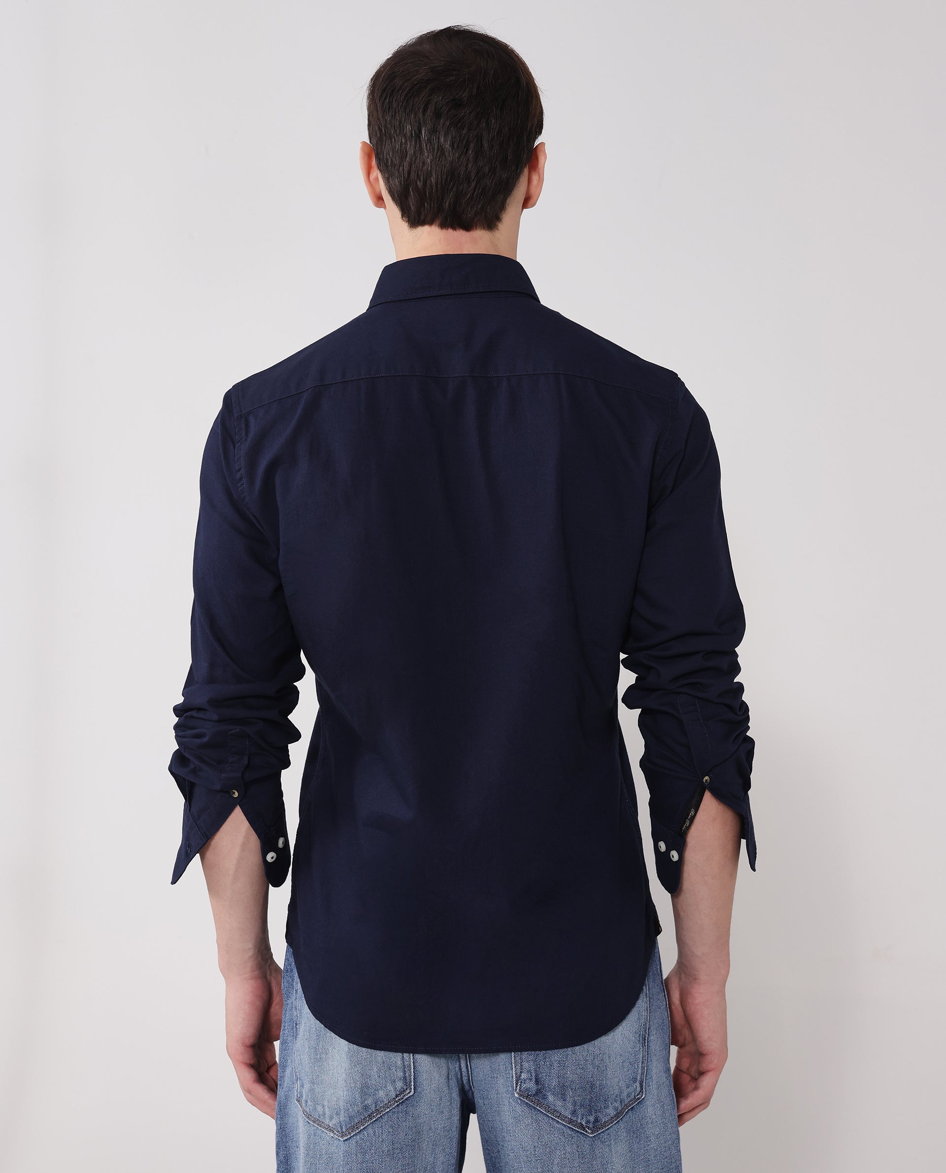 Rare Rabbit Men's Auxfo Navy Cotton Plain Regular Fit Full Sleeve Button-Down Collar Shirt