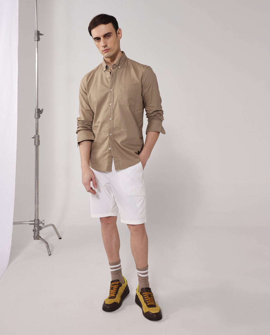 Rare Rabbit Men's Auxfo Beige Cotton Plain Regular Fit Full Sleeve Button-Down Collar Shirt