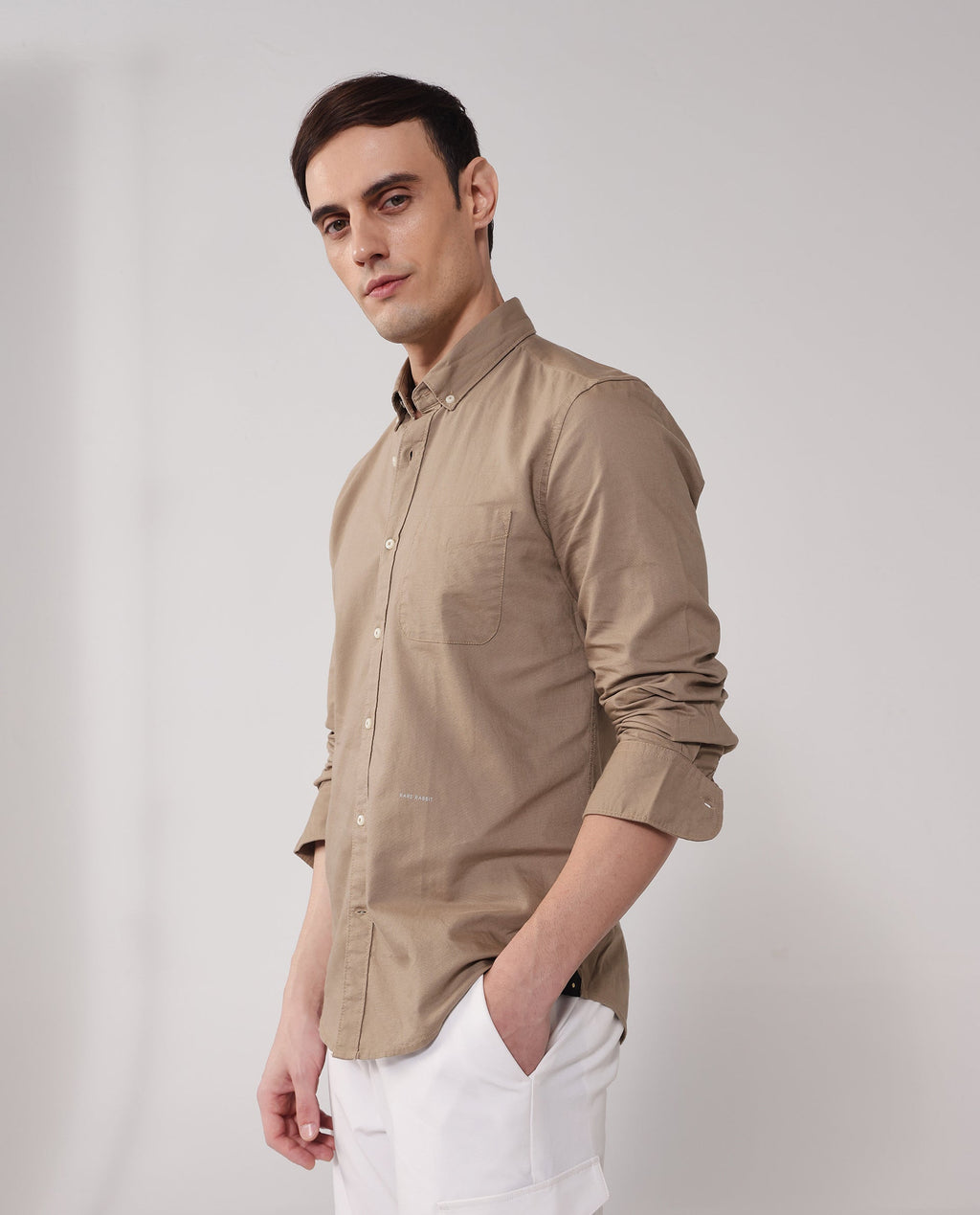 Rare Rabbit Men's Auxfo Beige Cotton Plain Regular Fit Full Sleeve Button-Down Collar Shirt