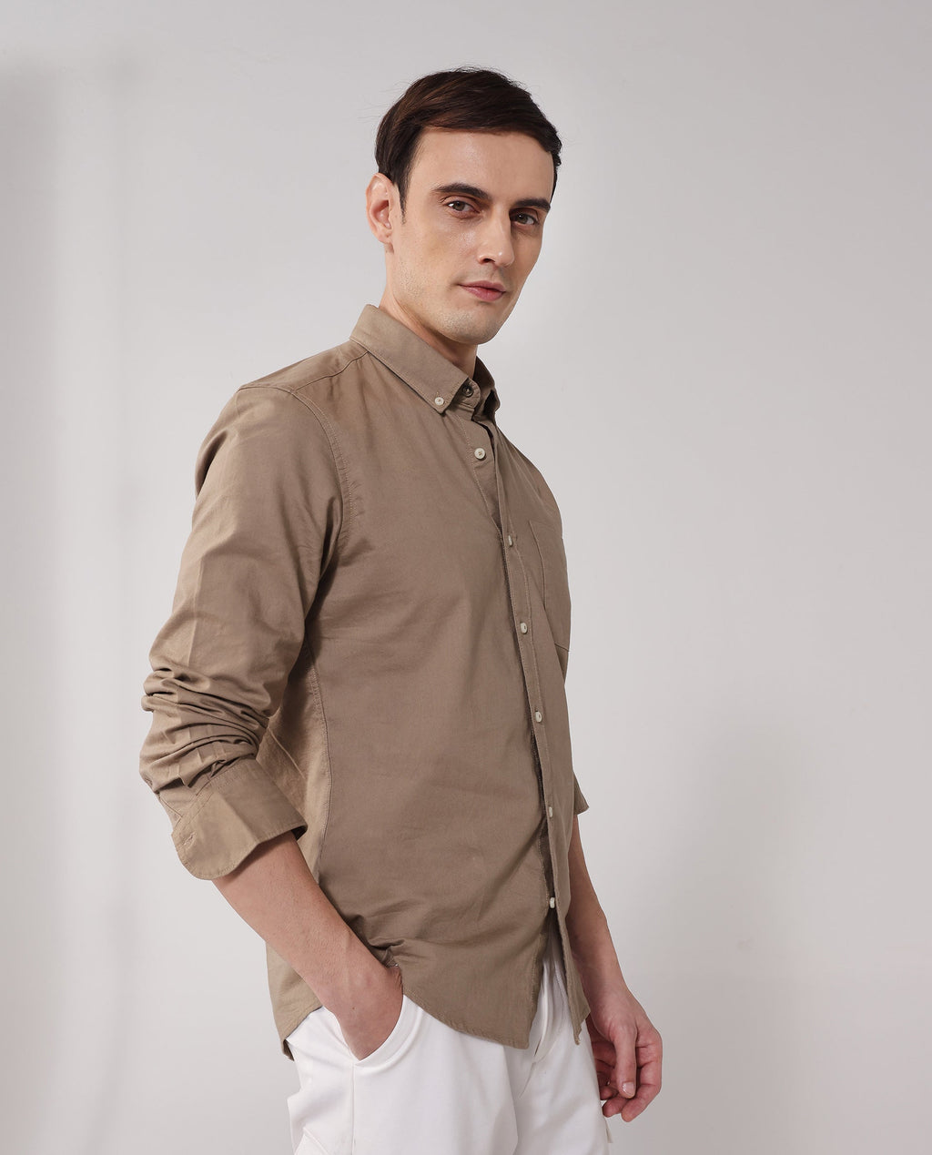 Rare Rabbit Men's Auxfo Beige Cotton Plain Regular Fit Full Sleeve Button-Down Collar Shirt