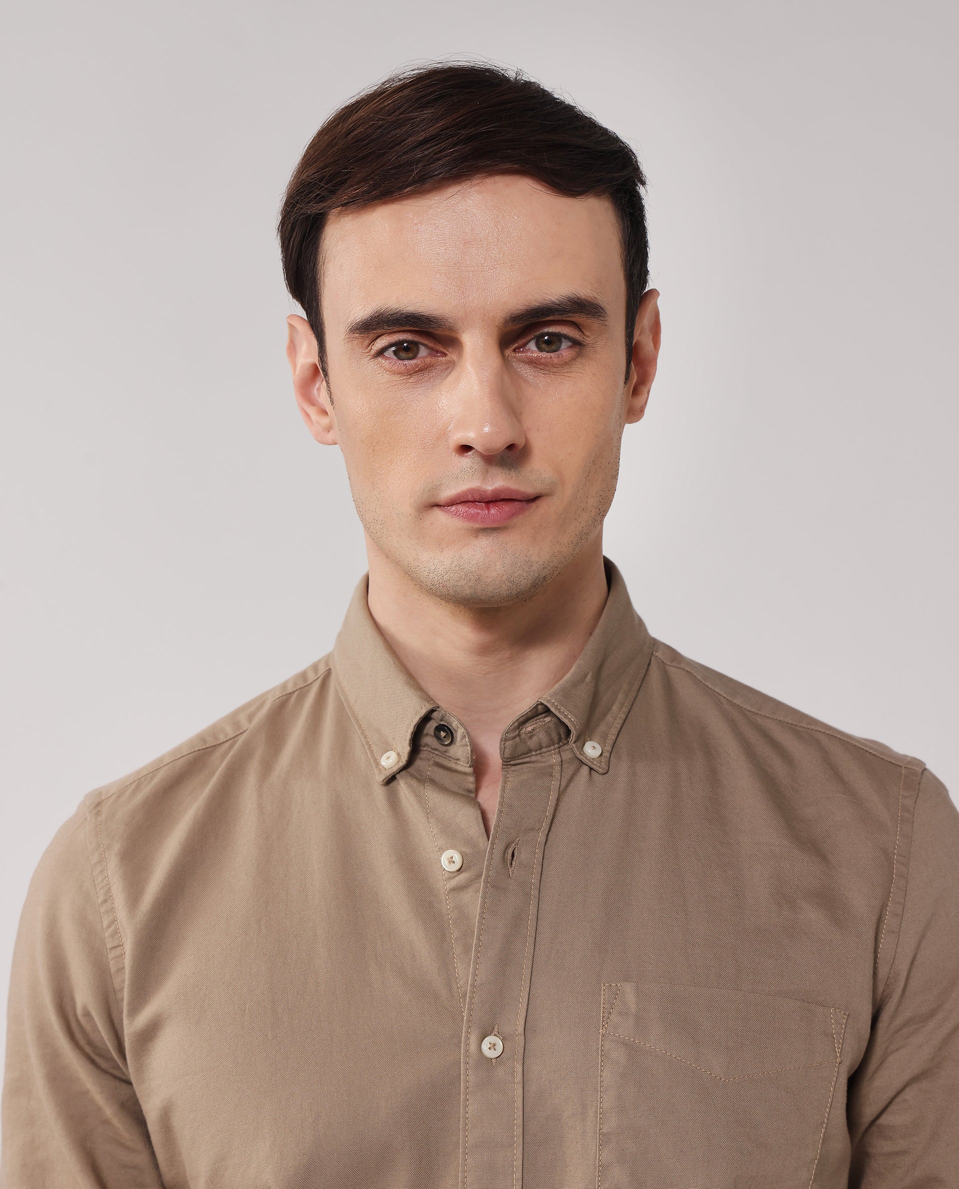Rare Rabbit Men's Auxfo Beige Cotton Plain Regular Fit Full Sleeve Button-Down Collar Shirt