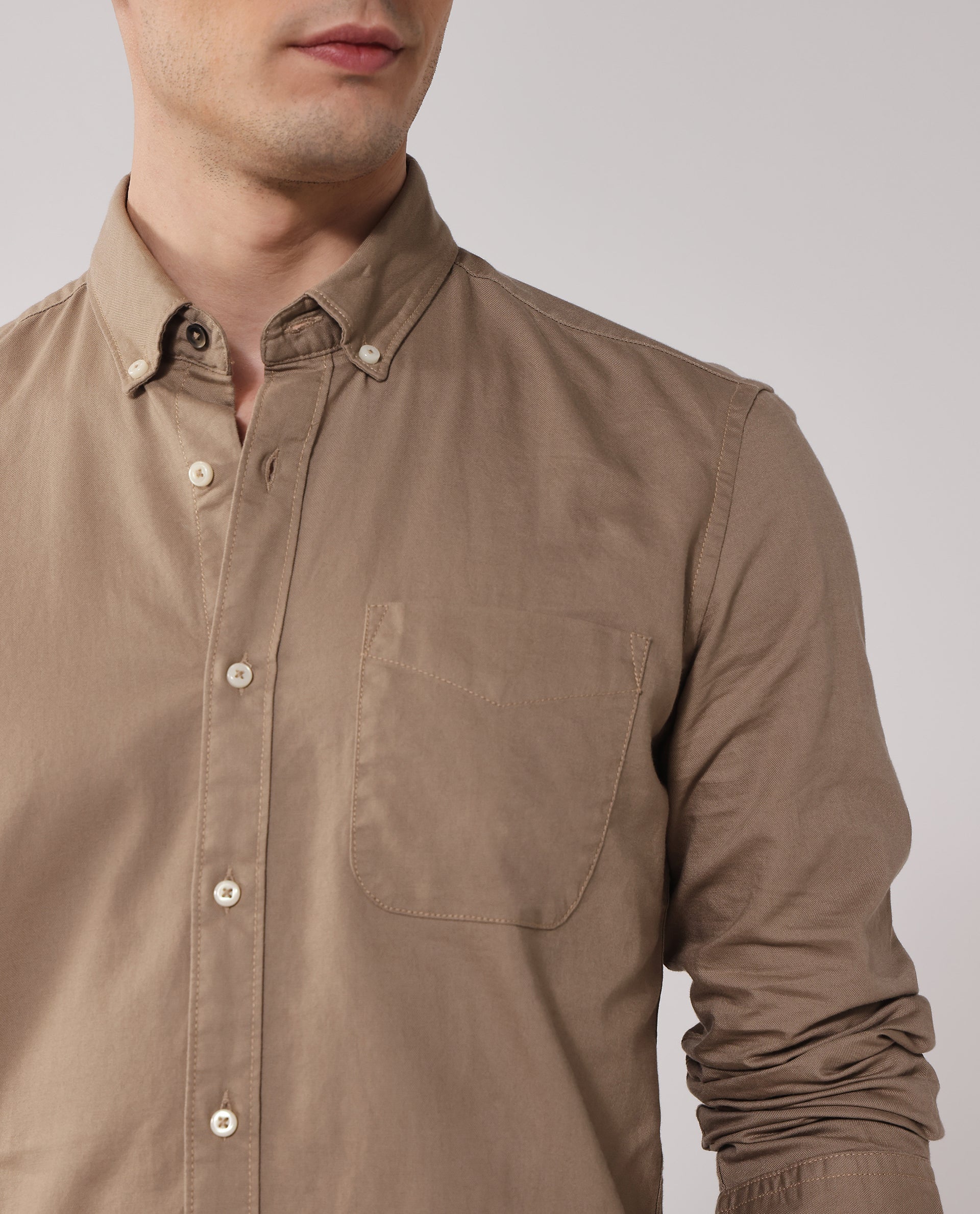 Rare Rabbit Men's Auxfo Beige Cotton Plain Regular Fit Full Sleeve Button-Down Collar Shirt