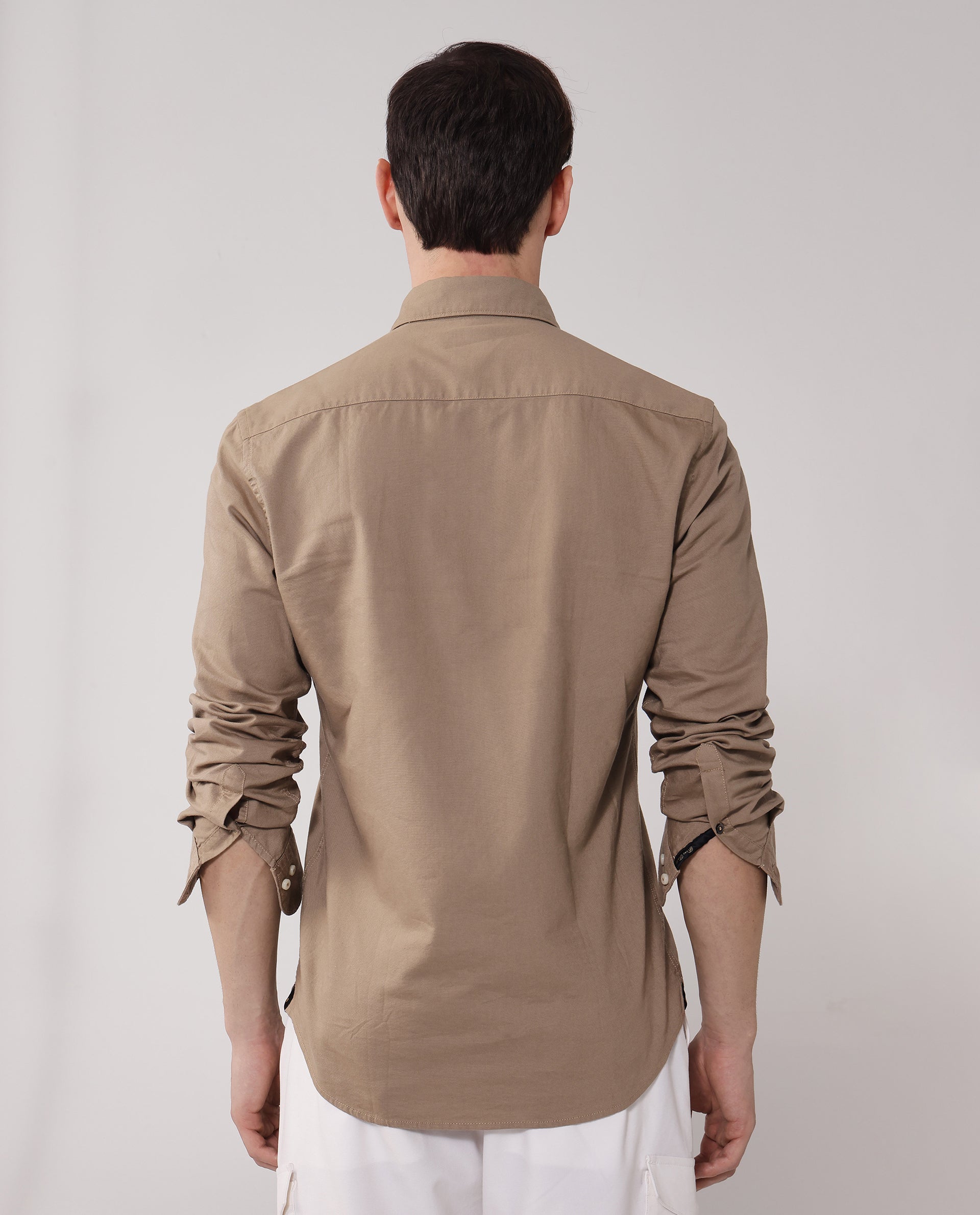 Rare Rabbit Men's Auxfo Beige Cotton Plain Regular Fit Full Sleeve Button-Down Collar Shirt