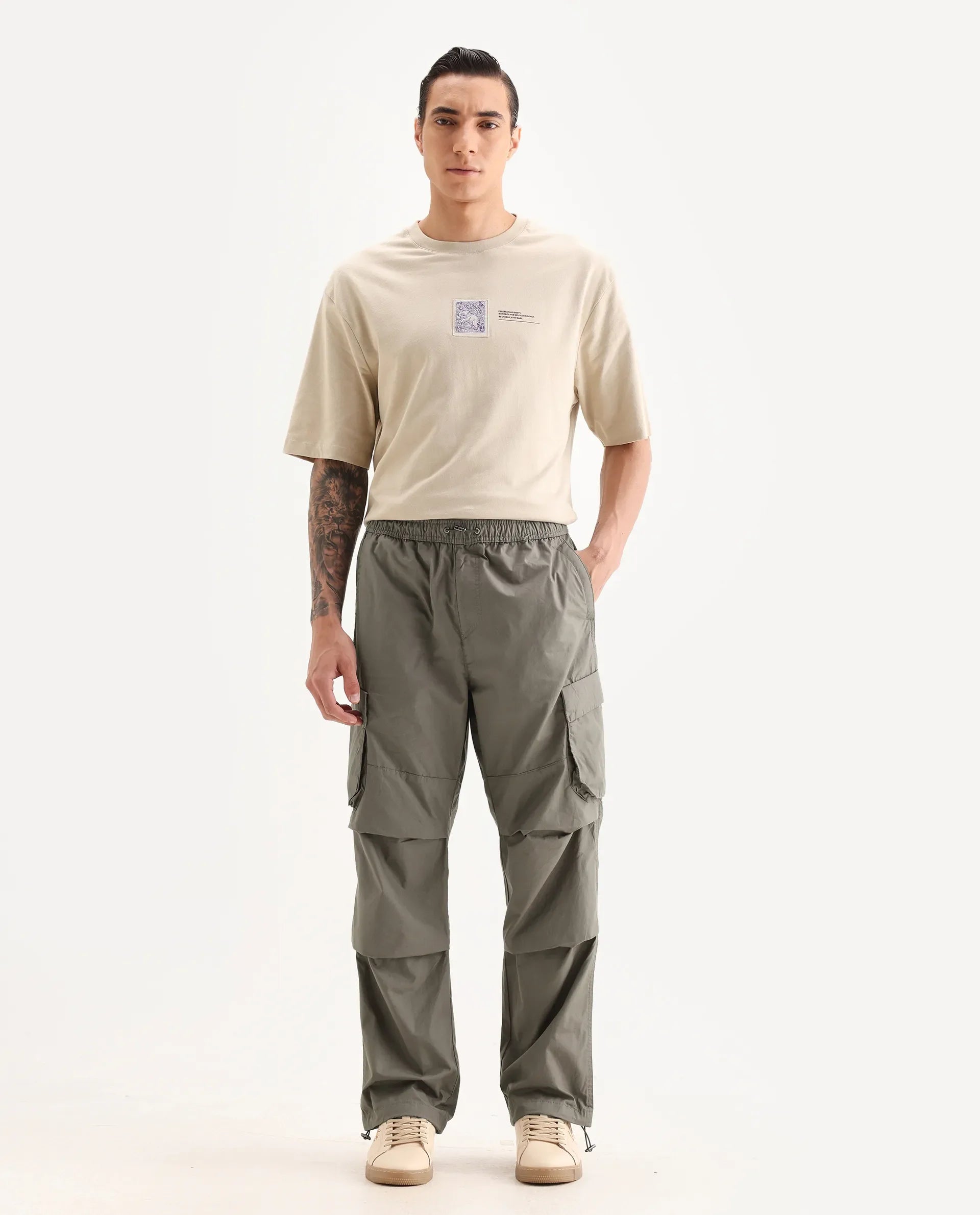 Rare Rabbit Men's Parc Dusky Olive Cotton Plain Regular Fit Trouser