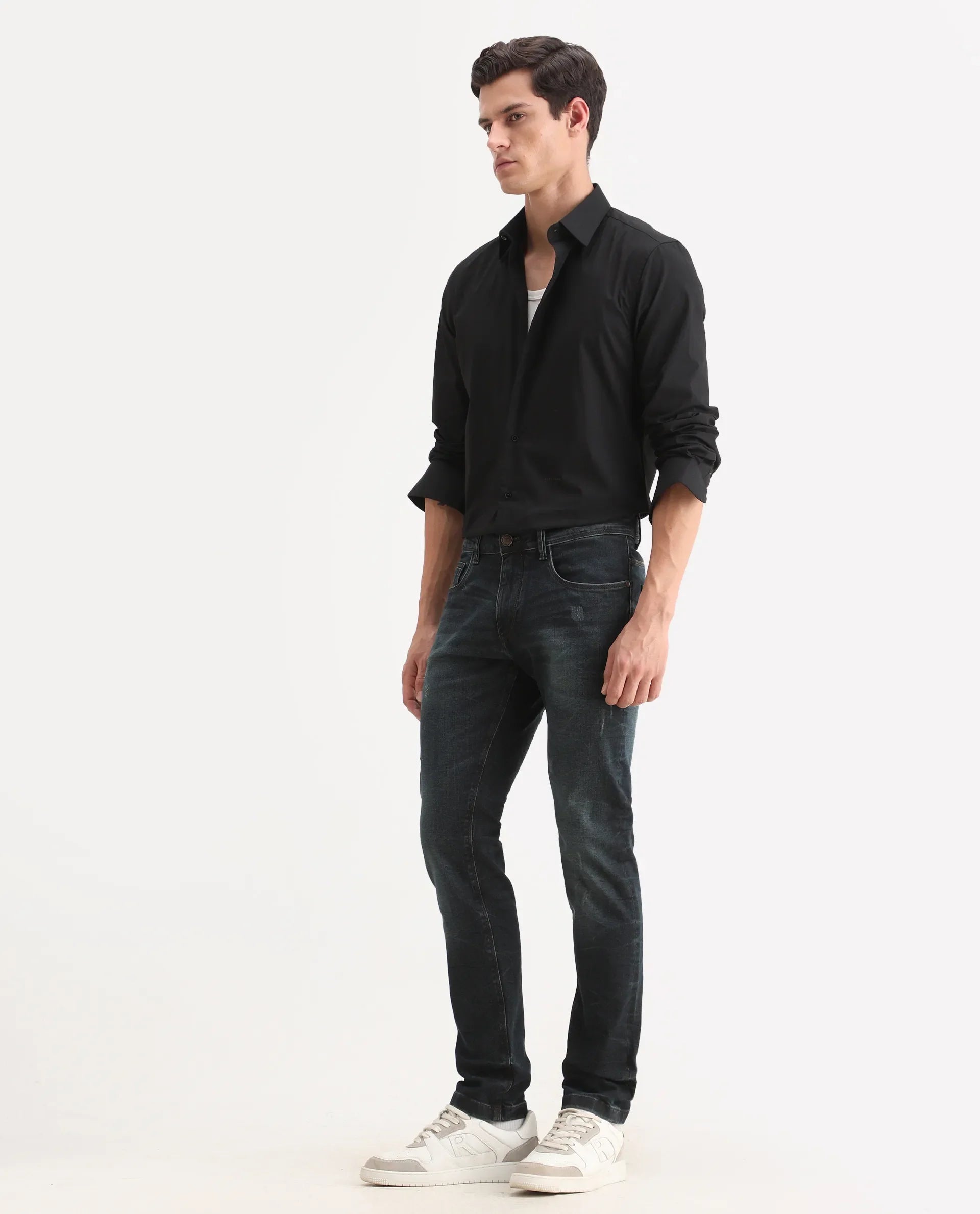 Rare Rabbit Men's Parle-1 Dark Blue Cotton Blend Fabric Hawk Slim Plain Jeans