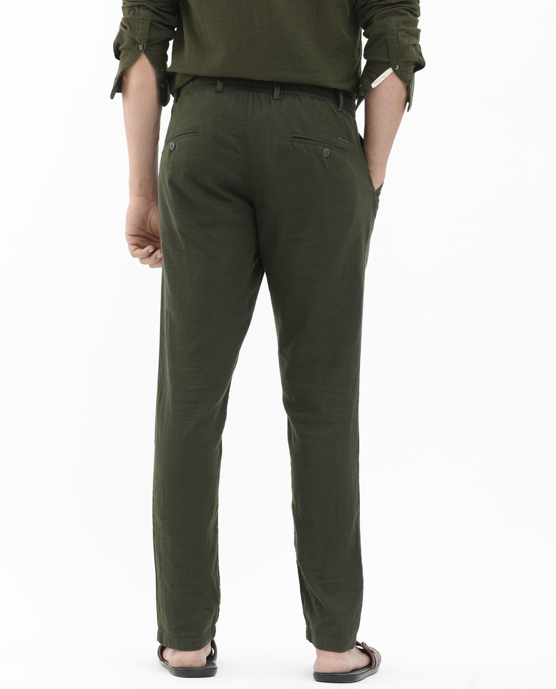 Rare Rabbit Men's Pastor 2 Olive Cotton Plain Regular Fit Trouser