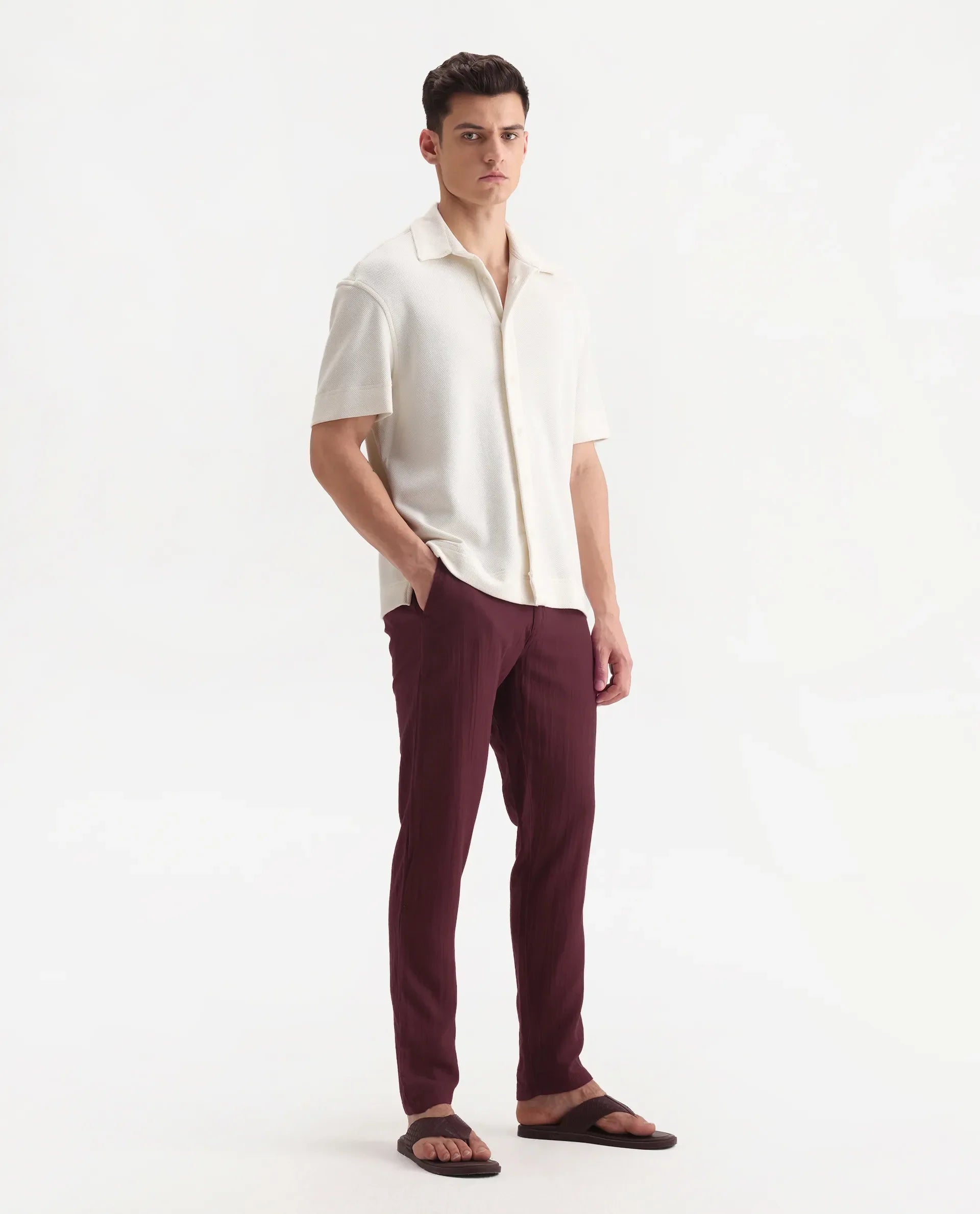 Rare Rabbit Men's Pastor-3 Dark Maroon Cotton Plain Regular Fit Trouser
