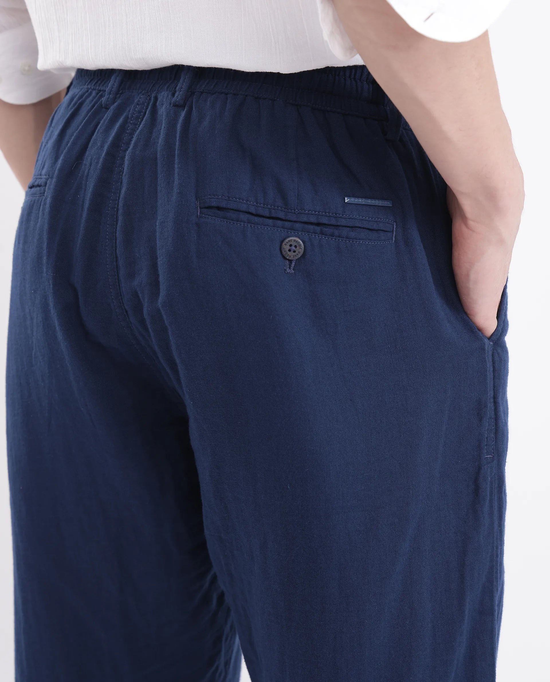 Rare Rabbit Men's Pastor-3 Navy Cotton Plain Regular Fit Trouser