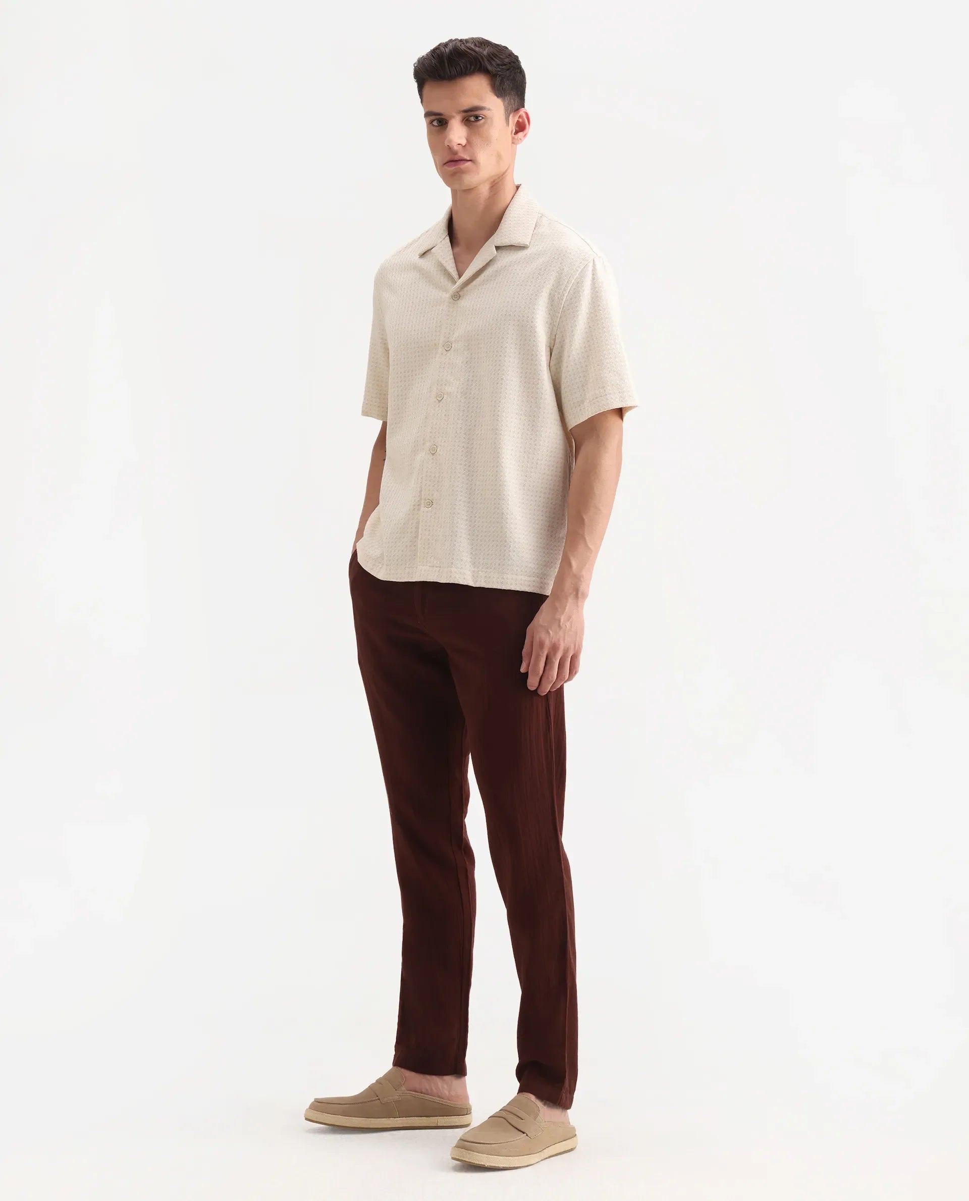 Rare Rabbit Men's Pastor-3 Rust Cotton Plain Regular Fit Trouser