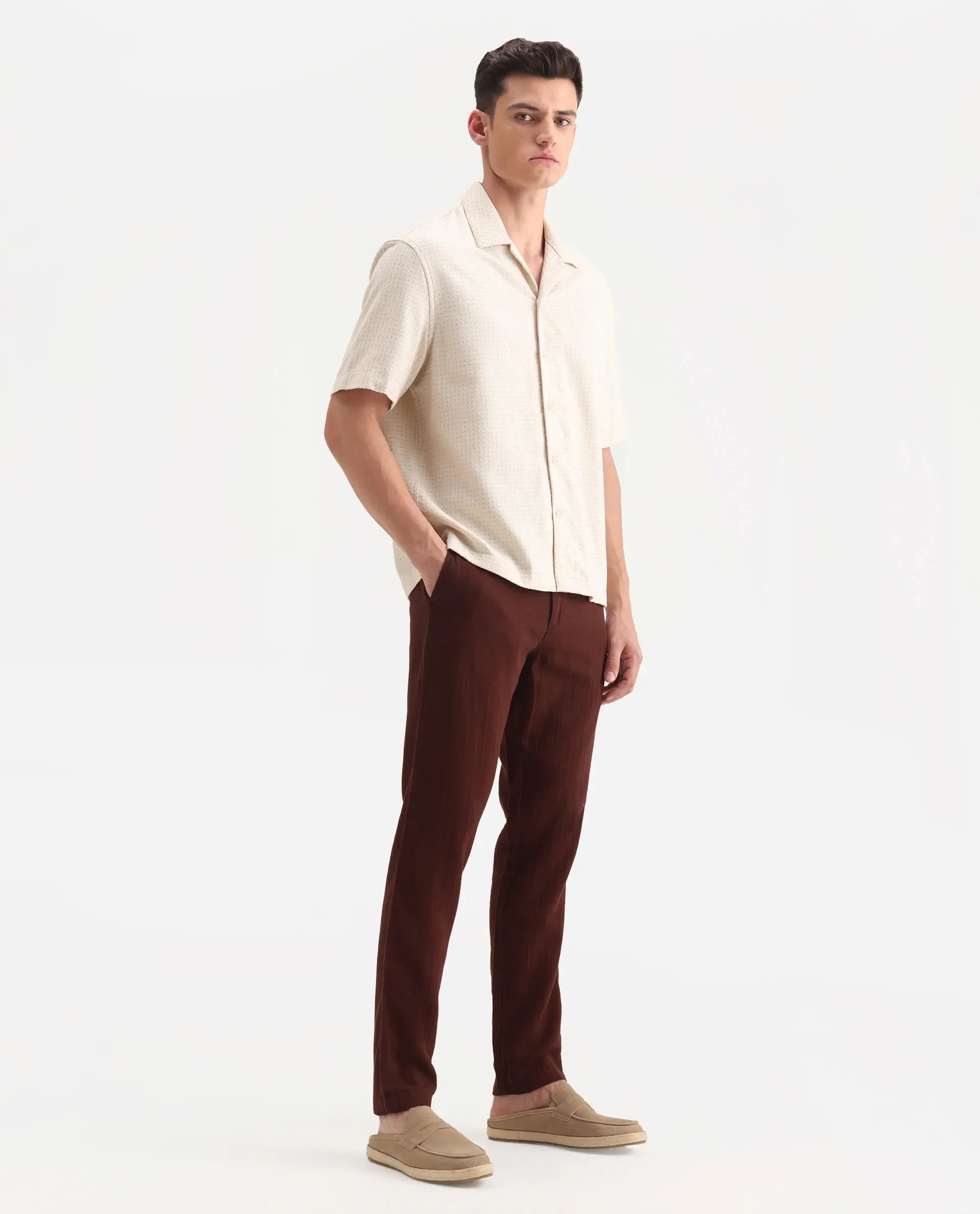 Rare Rabbit Men's Pastor-3 Rust Cotton Plain Regular Fit Trouser