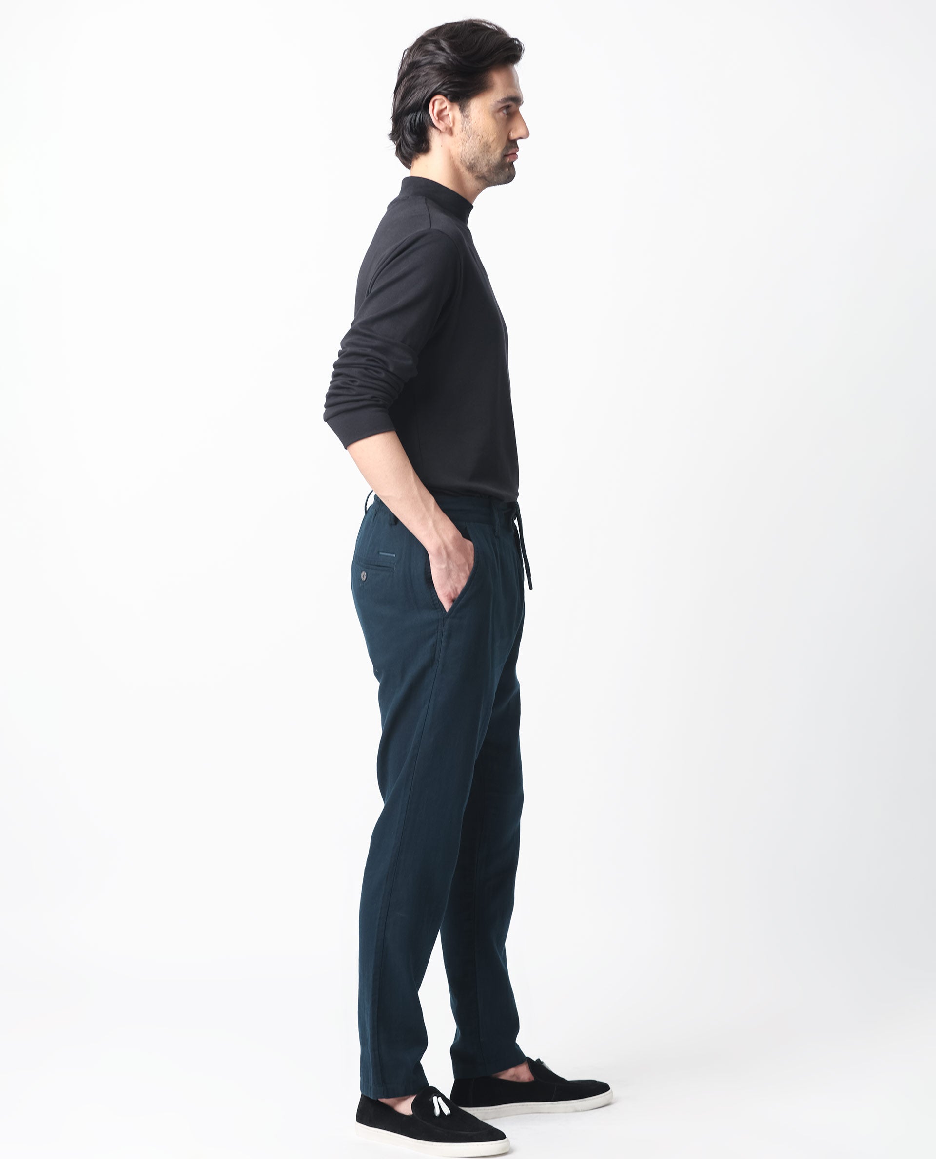 Rare Rabbit Men's Pastor Dark Petrol Cotton Plain Regular Fit Trouser