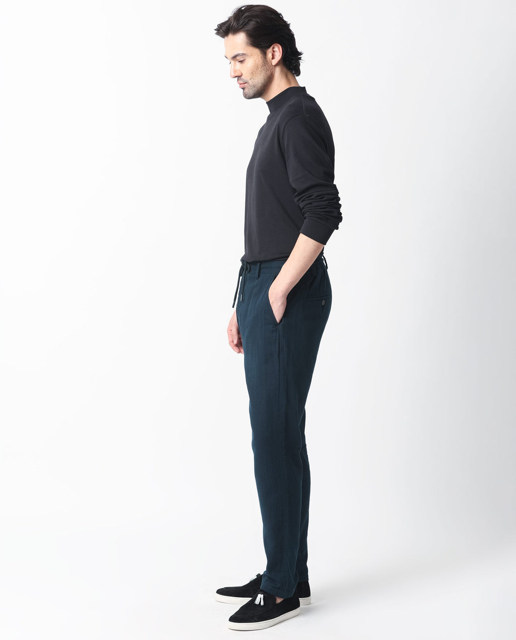 Rare Rabbit Men's Pastor Dark Petrol Cotton Plain Regular Fit Trouser