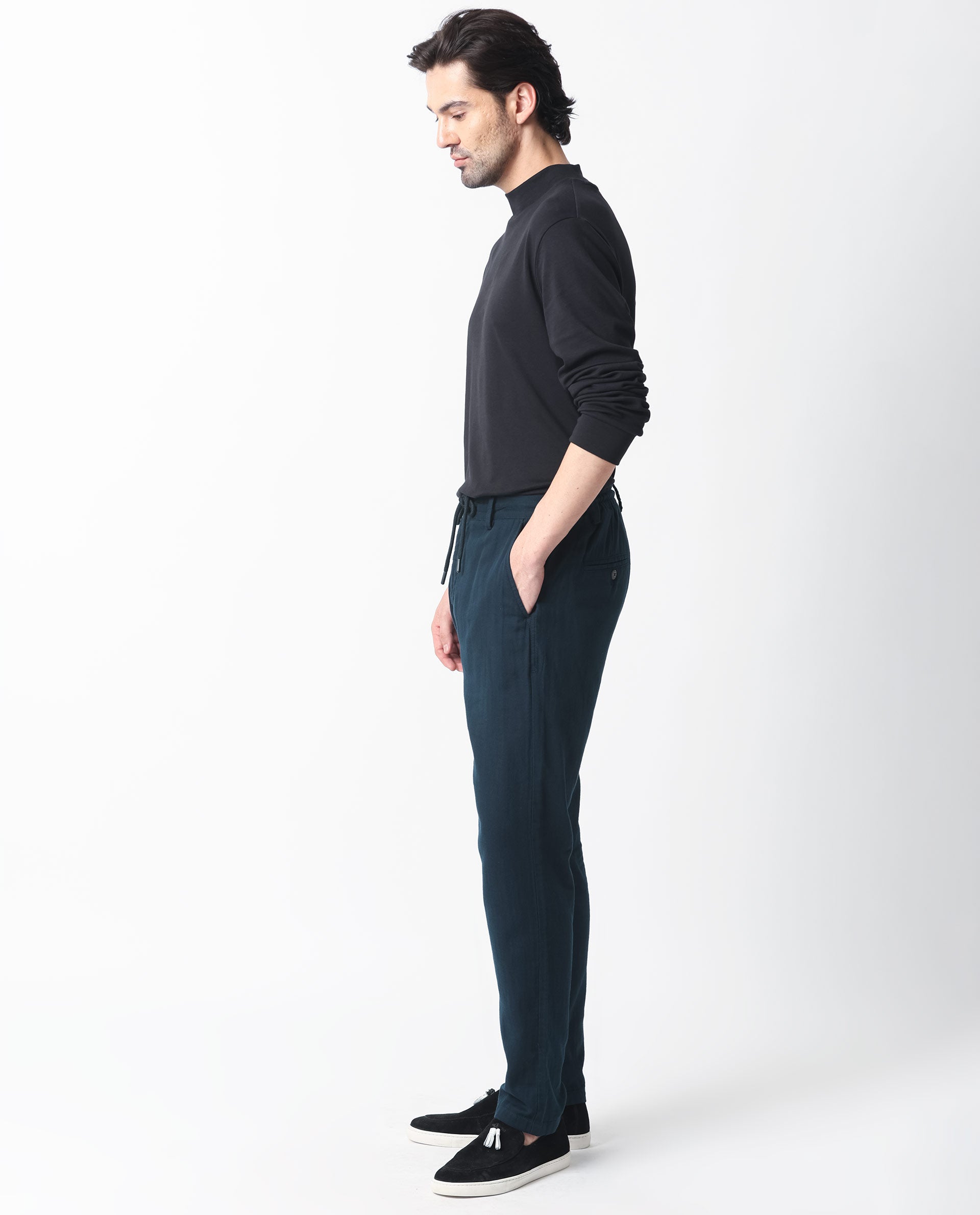 Rare Rabbit Men's Pastor Dark Petrol Cotton Plain Regular Fit Trouser
