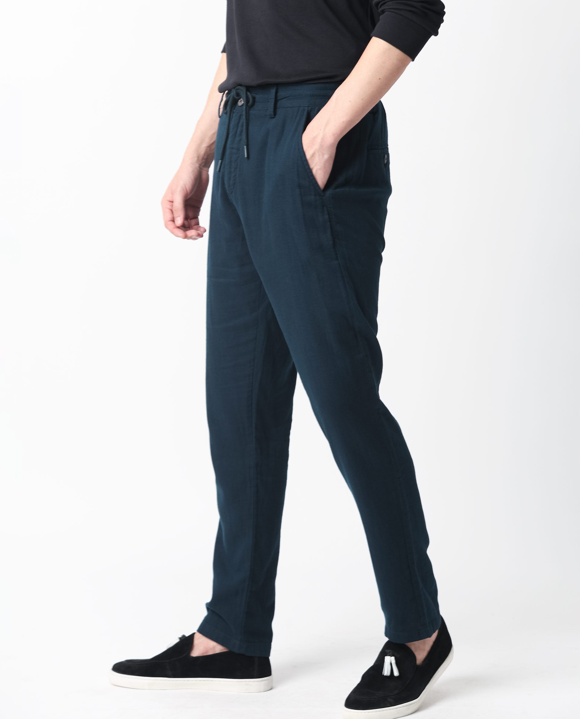 Rare Rabbit Men's Pastor Dark Petrol Cotton Plain Regular Fit Trouser