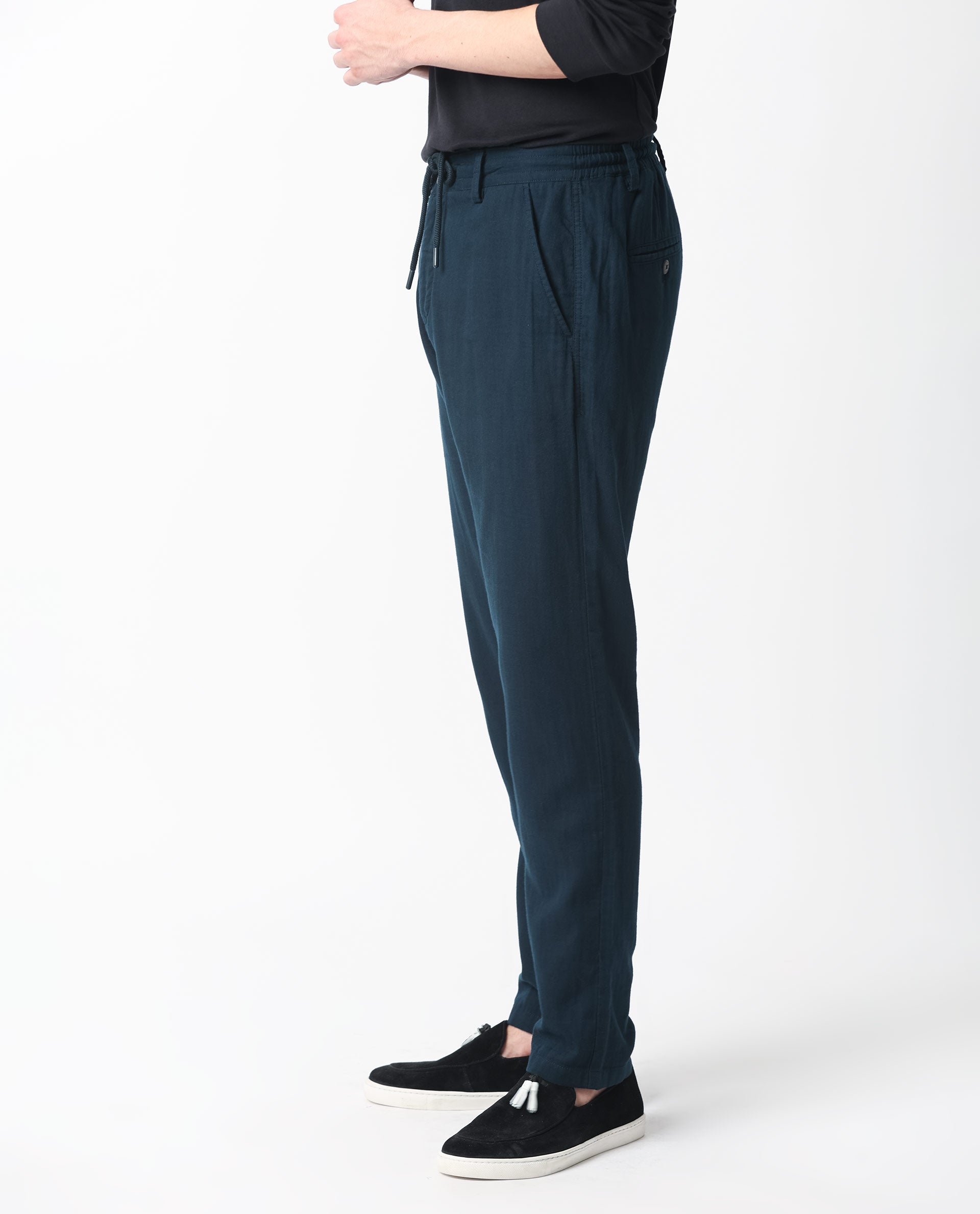Rare Rabbit Men's Pastor Dark Petrol Cotton Plain Regular Fit Trouser