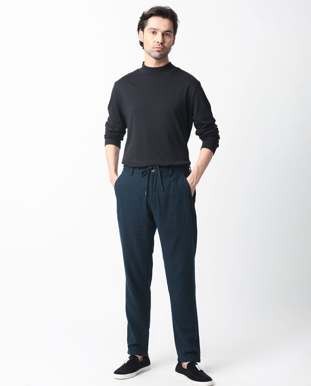 Rare Rabbit Men's Pastor Dark Petrol Cotton Plain Regular Fit Trouser
