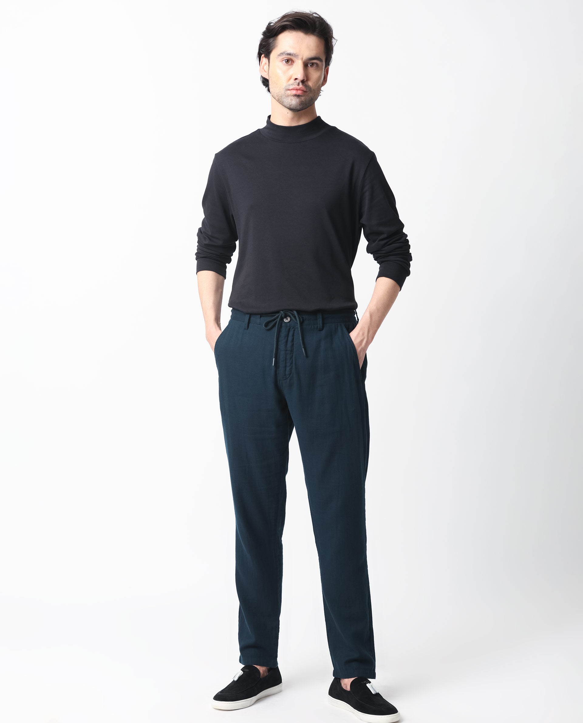 Rare Rabbit Men's Pastor Dark Petrol Cotton Plain Regular Fit Trouser