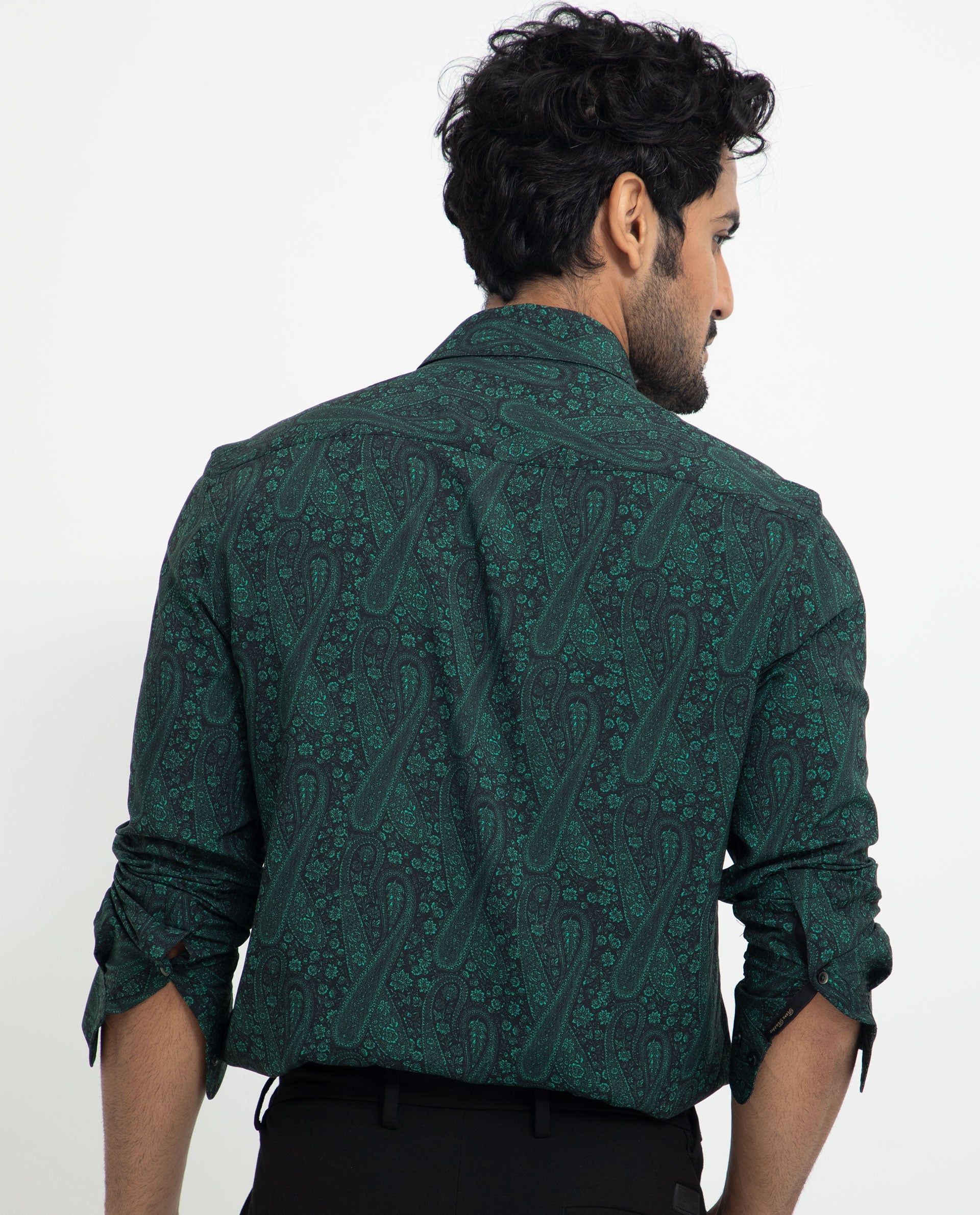 Rare Rabbit Men's Pat Green Viscose Paisley Print Regular Fit Full Sleeve Collared Shirt