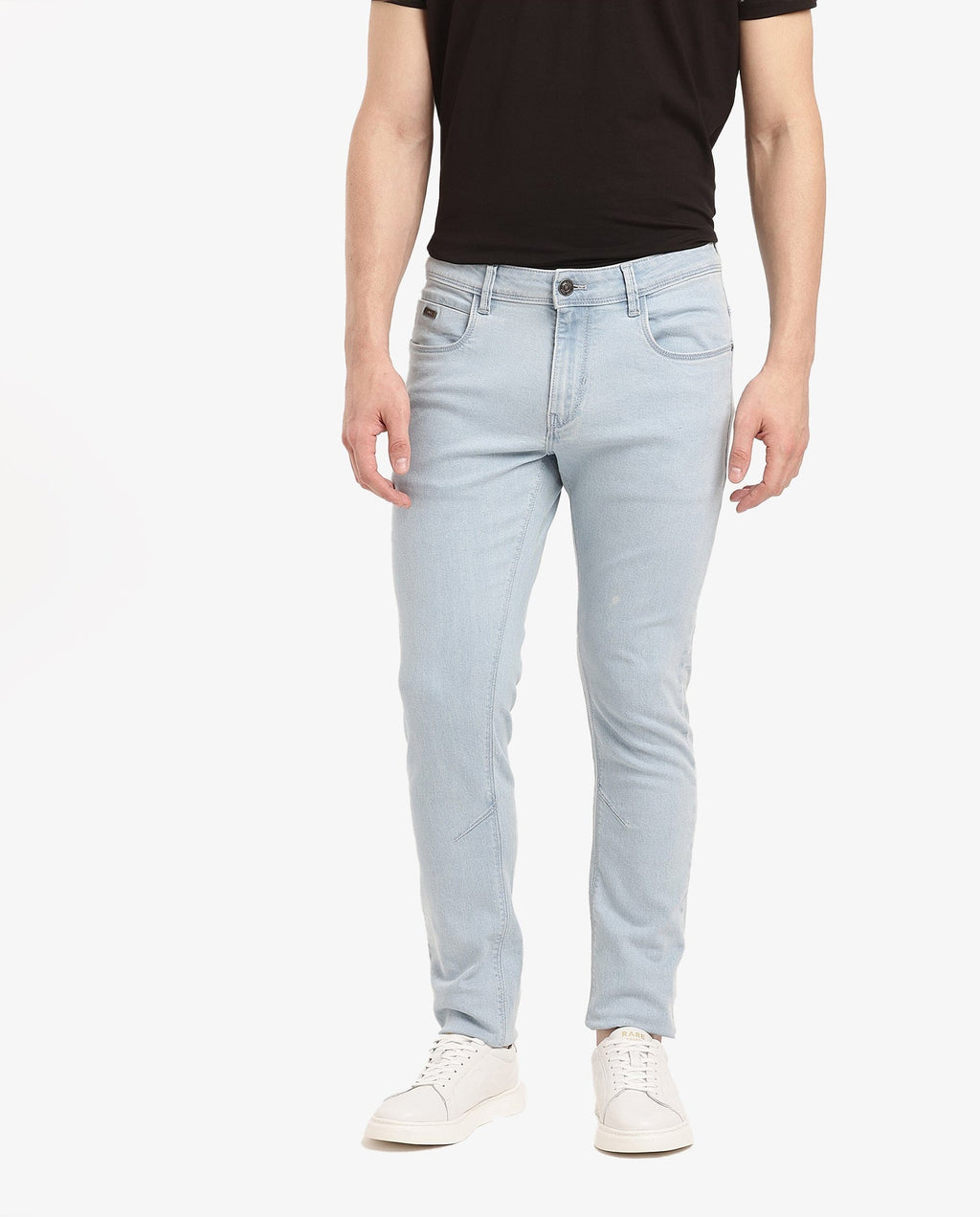 Rare Rabbit Men's Pelin Light Blue Cotton Blend Plain Hawk Slim Fit Jeans